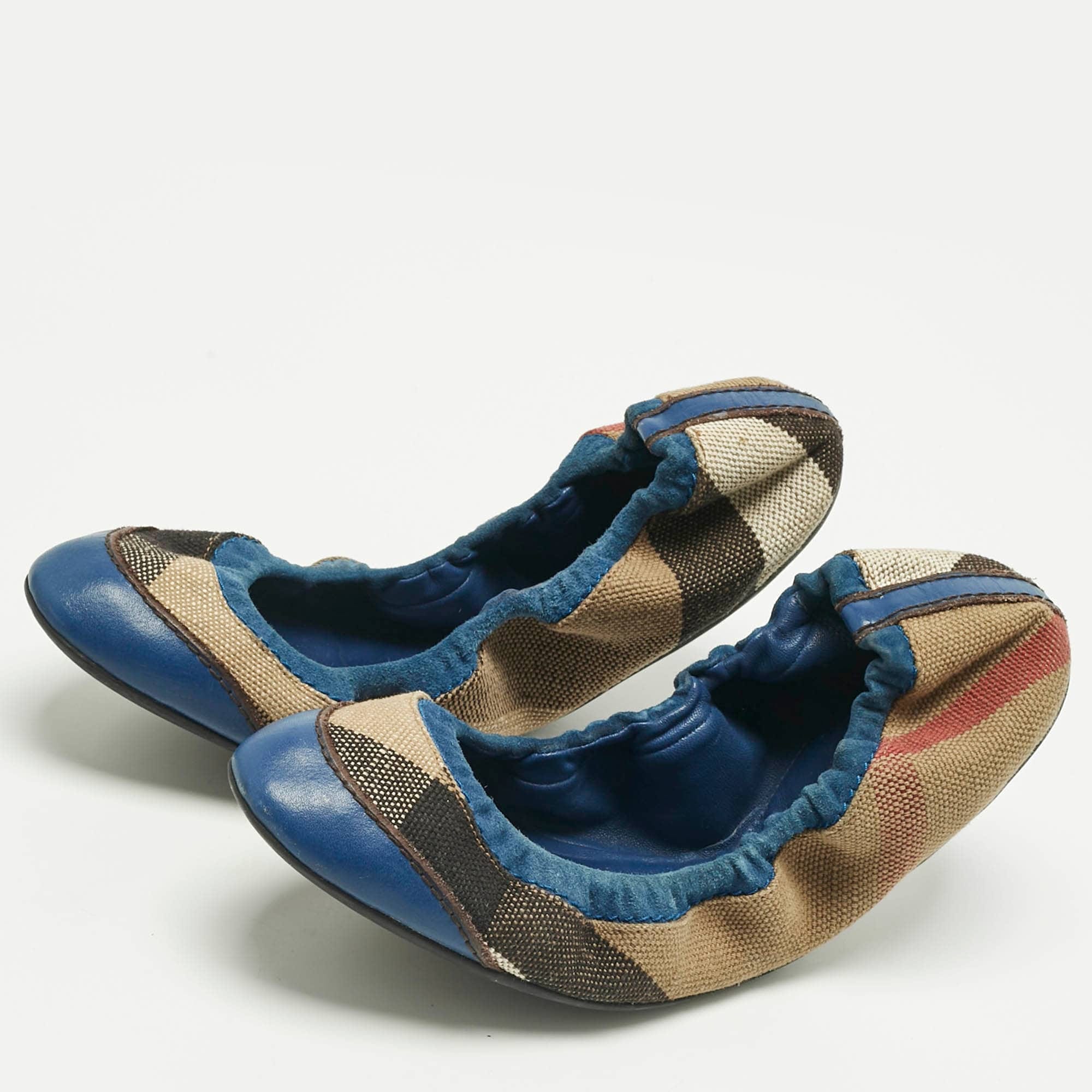 Burberry Blue/beige Check Canvas And Suede Scrunch Ballet Flats