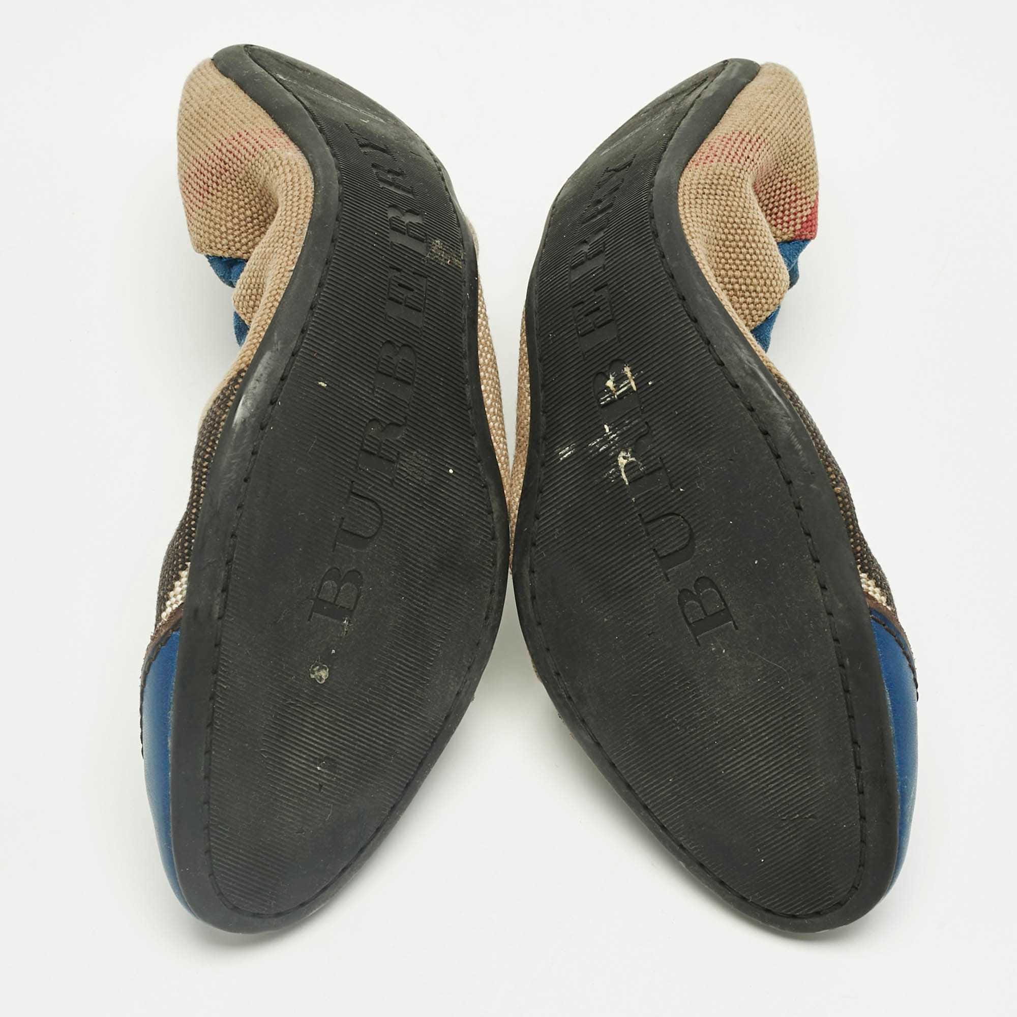 Burberry Blue/beige Check Canvas And Suede Scrunch Ballet Flats