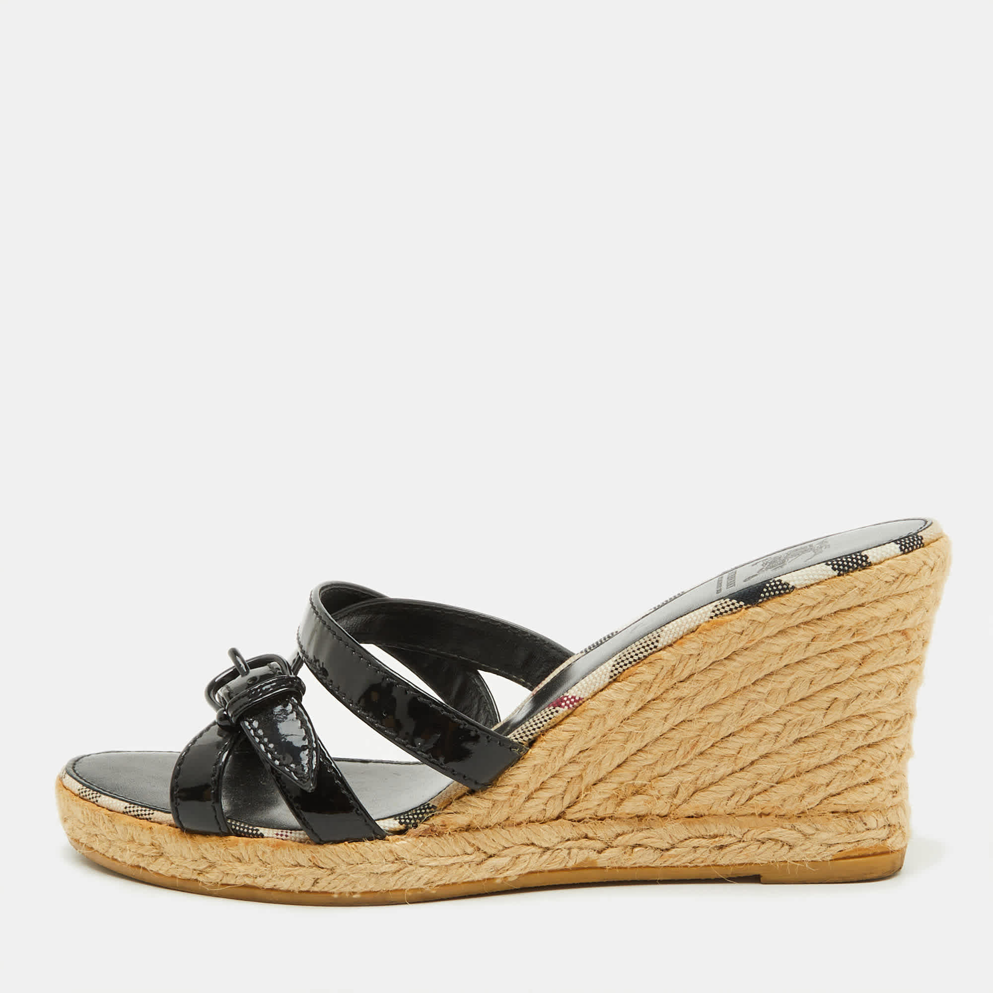 Burberry Black Patent Leather Strappy Wedge Espadrille Sandals