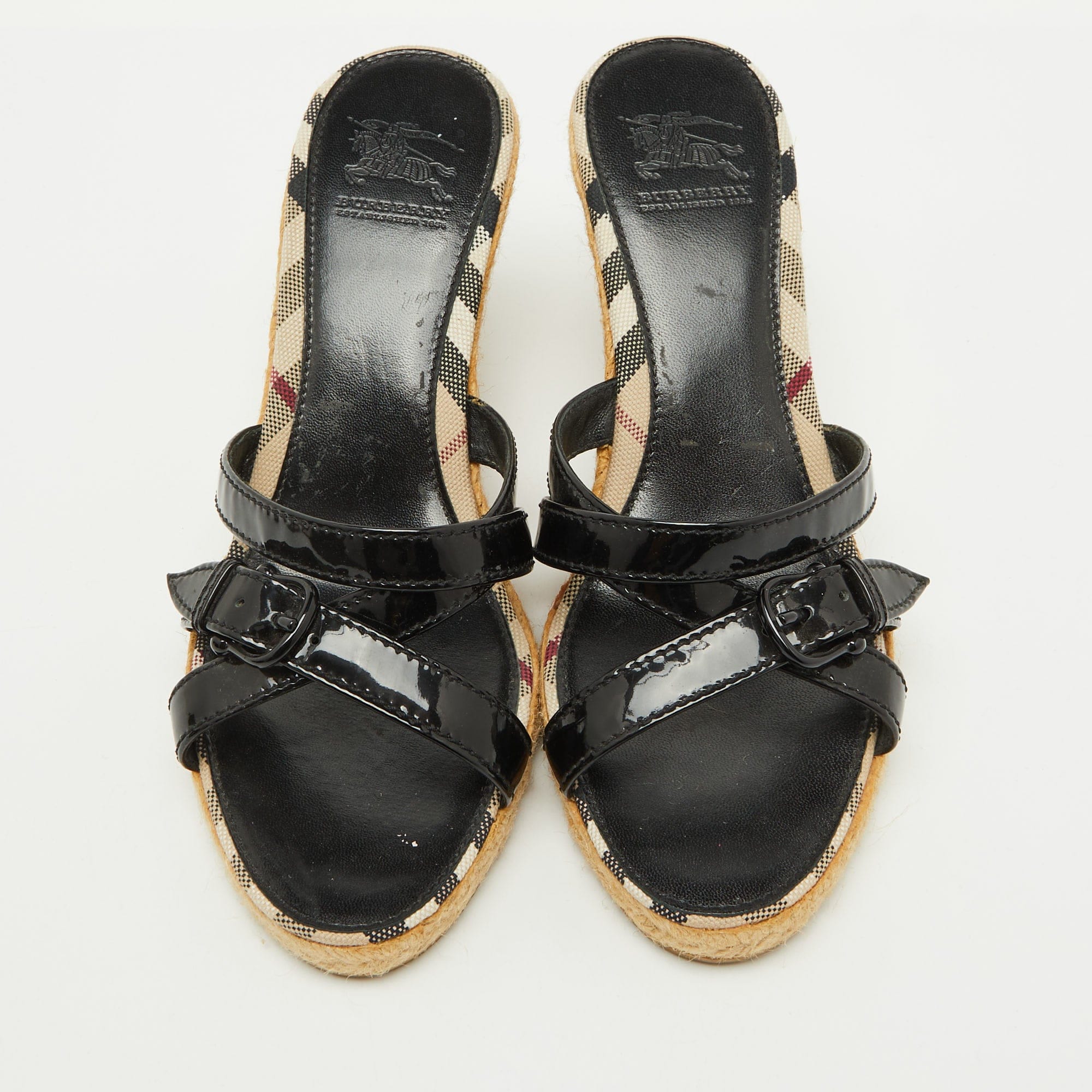 Burberry Black Patent Leather Strappy Wedge Espadrille Sandals
