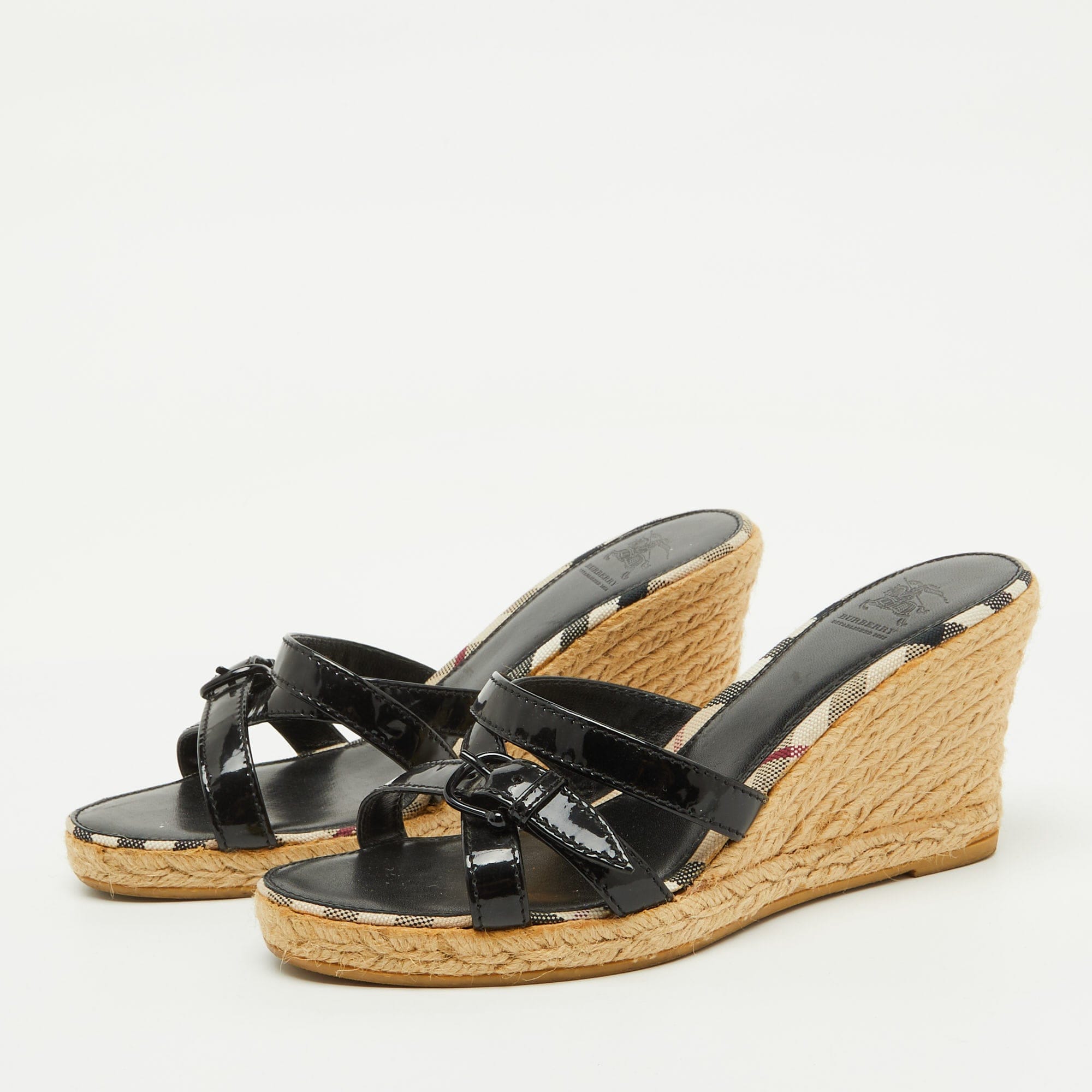 Burberry Black Patent Leather Strappy Wedge Espadrille Sandals