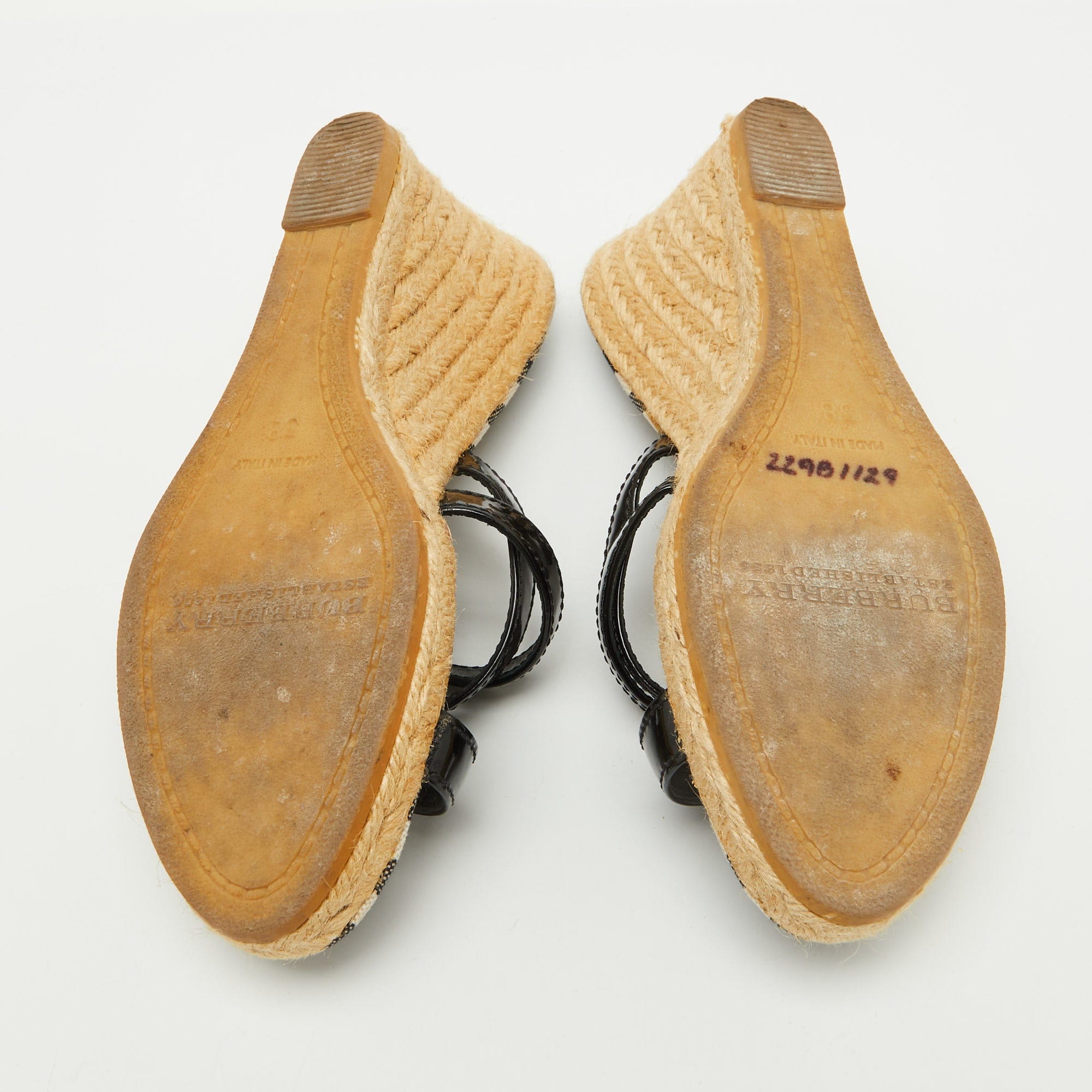 Burberry Black Patent Leather Strappy Wedge Espadrille Sandals