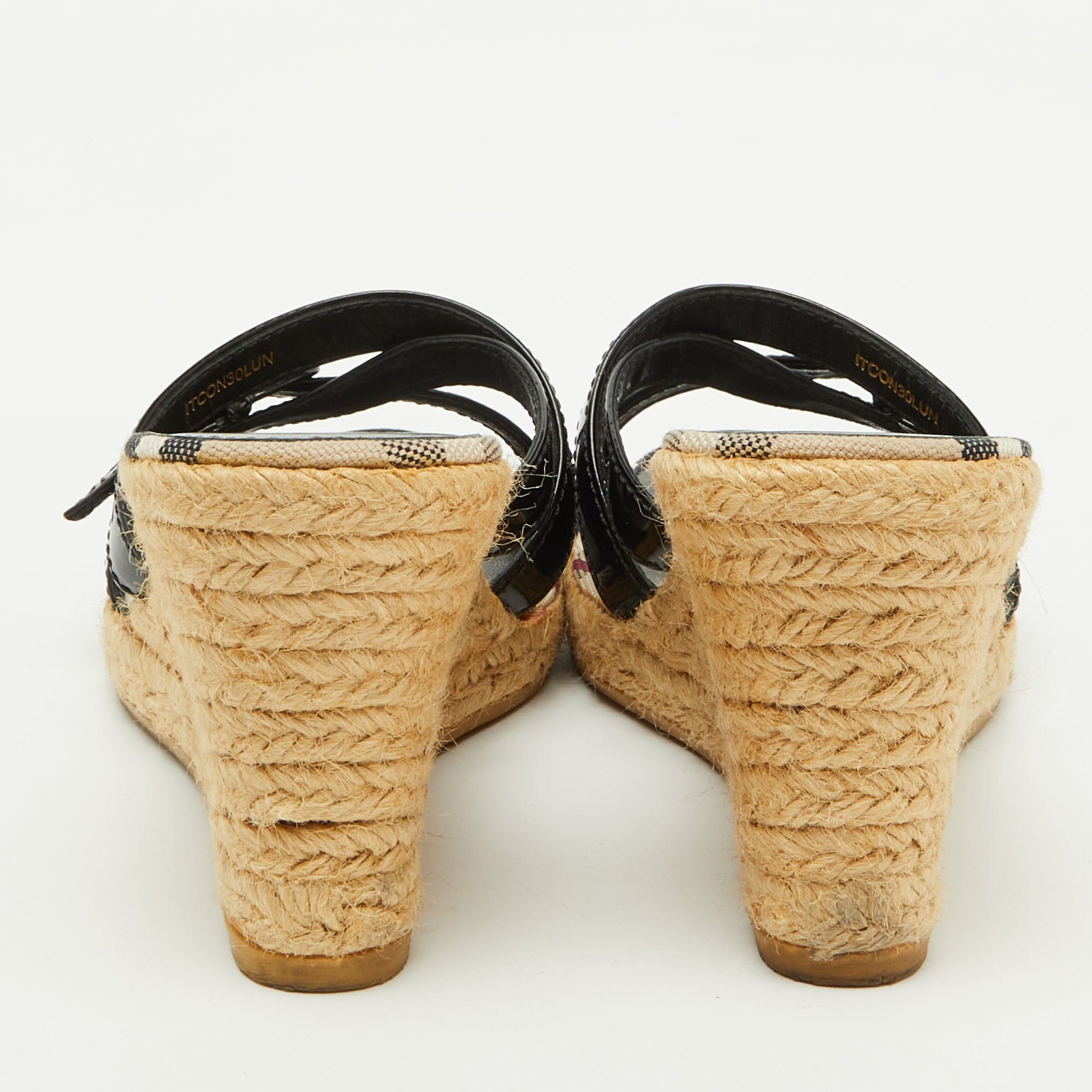 Burberry Black Patent Leather Strappy Wedge Espadrille Sandals