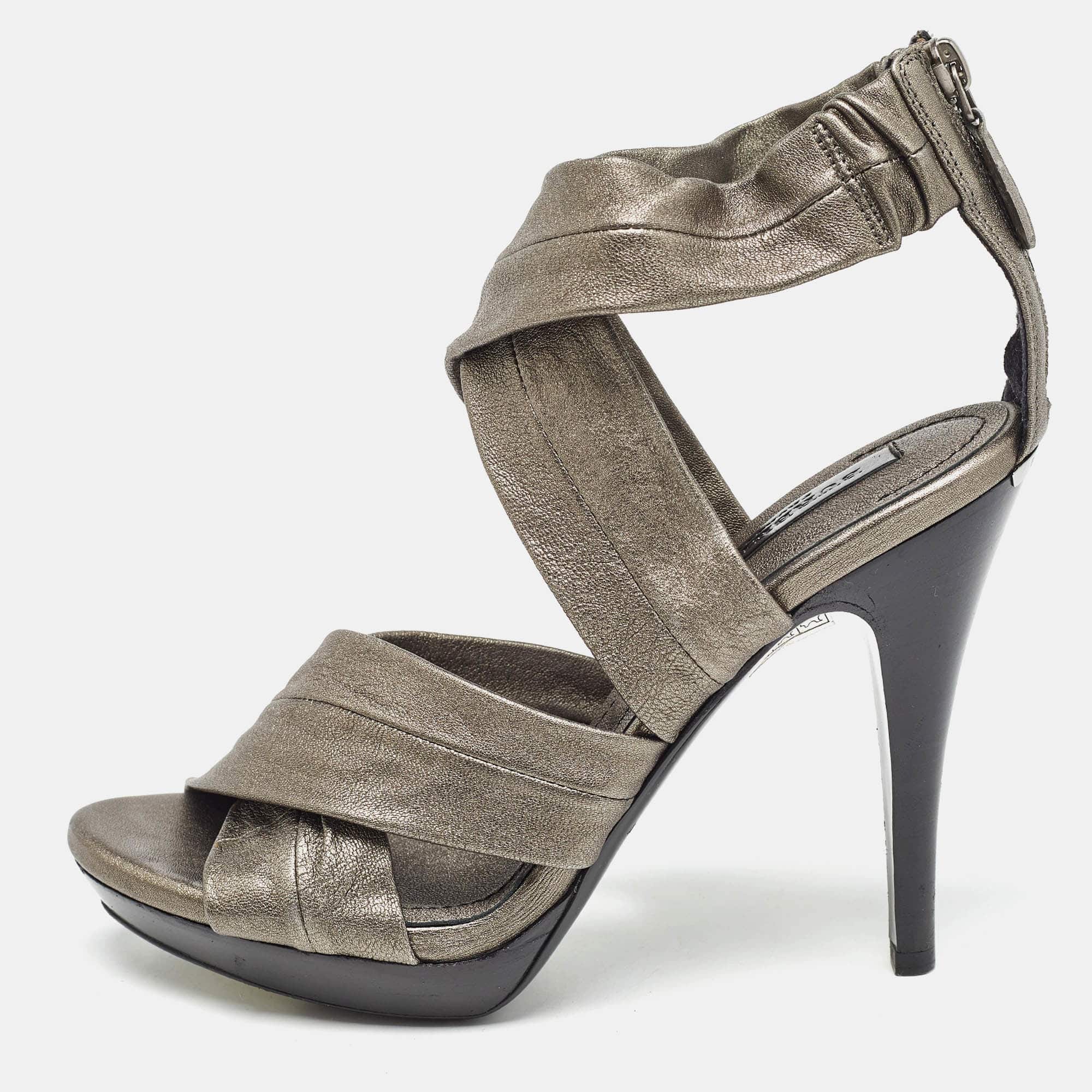 Burberry Grey Leather Platform Ankle Wrap Sandals