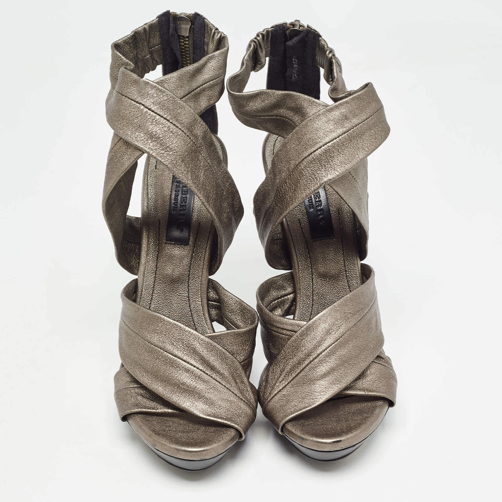 Burberry Grey Leather Platform Ankle Wrap Sandals