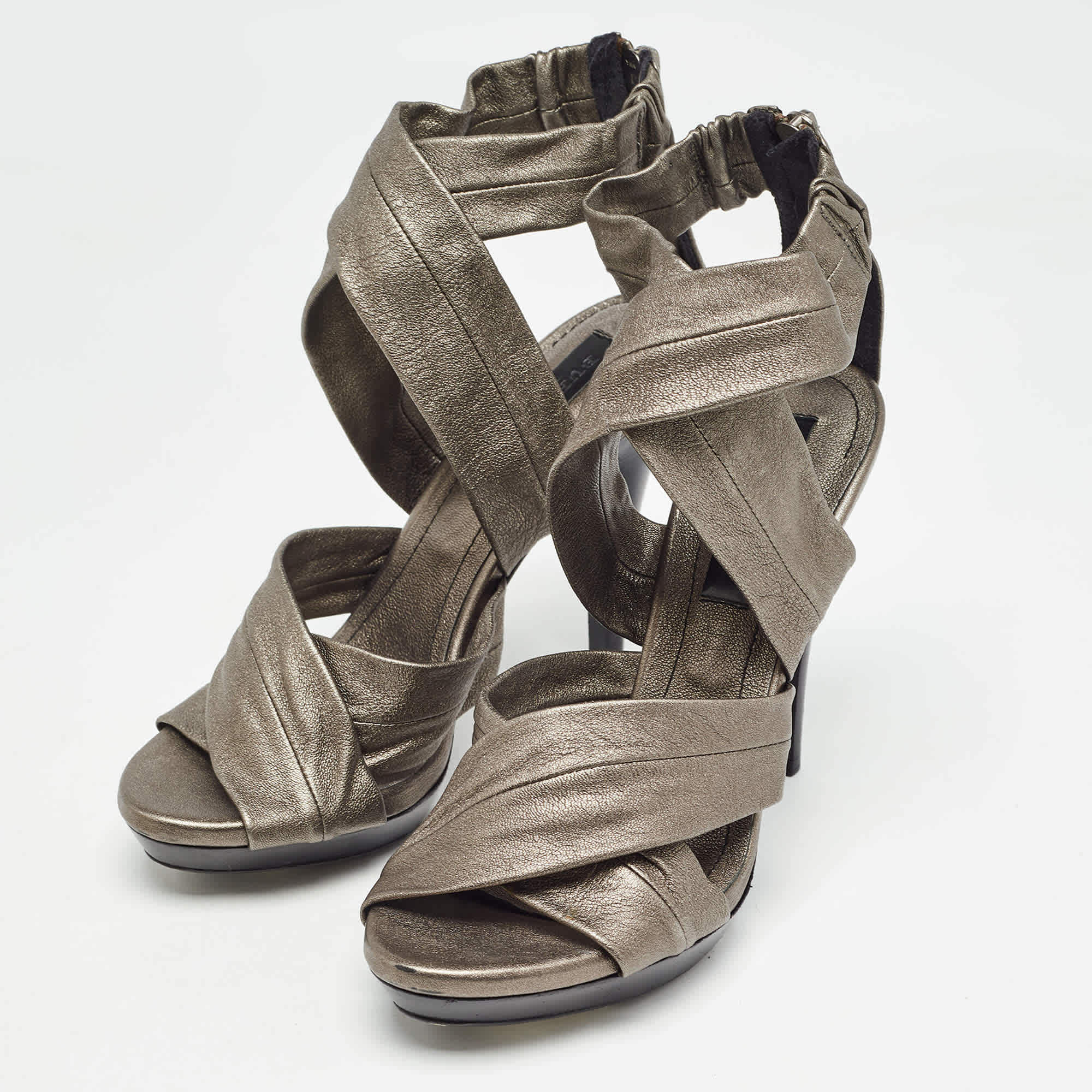 Burberry Grey Leather Platform Ankle Wrap Sandals