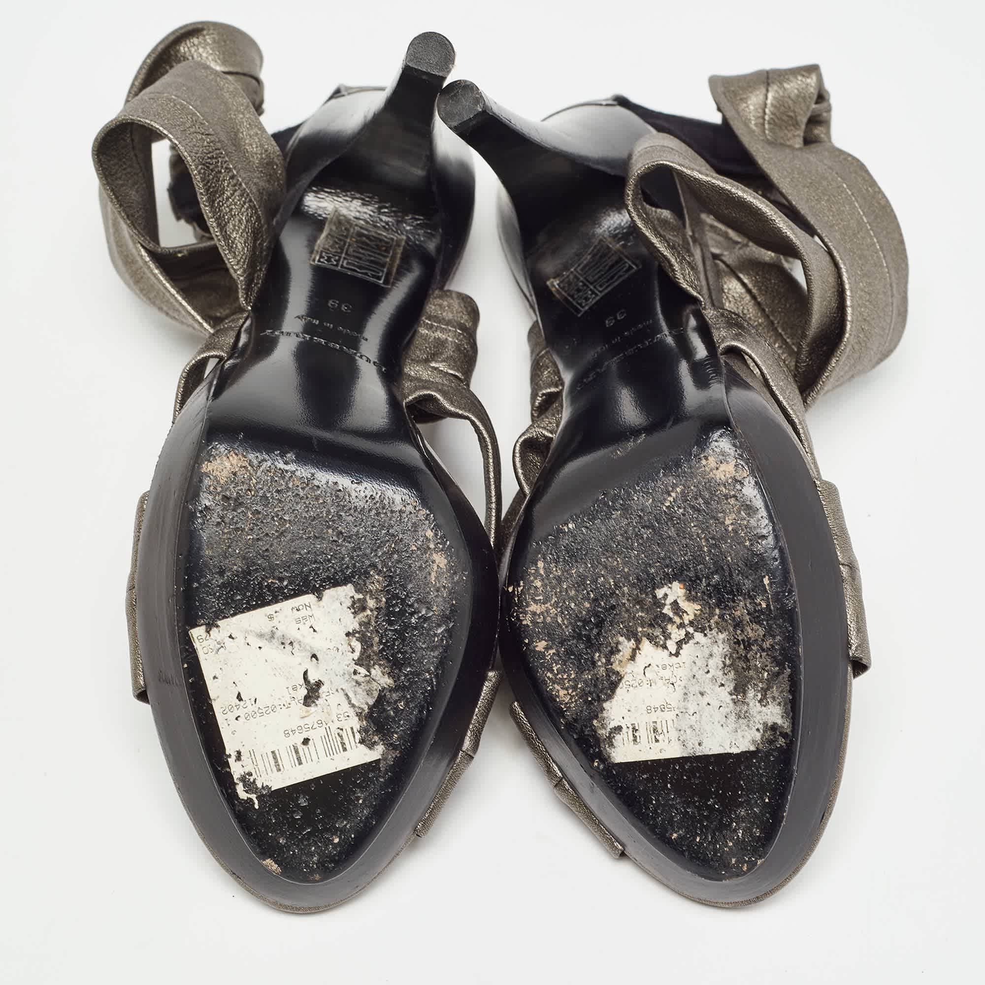 Burberry Grey Leather Platform Ankle Wrap Sandals