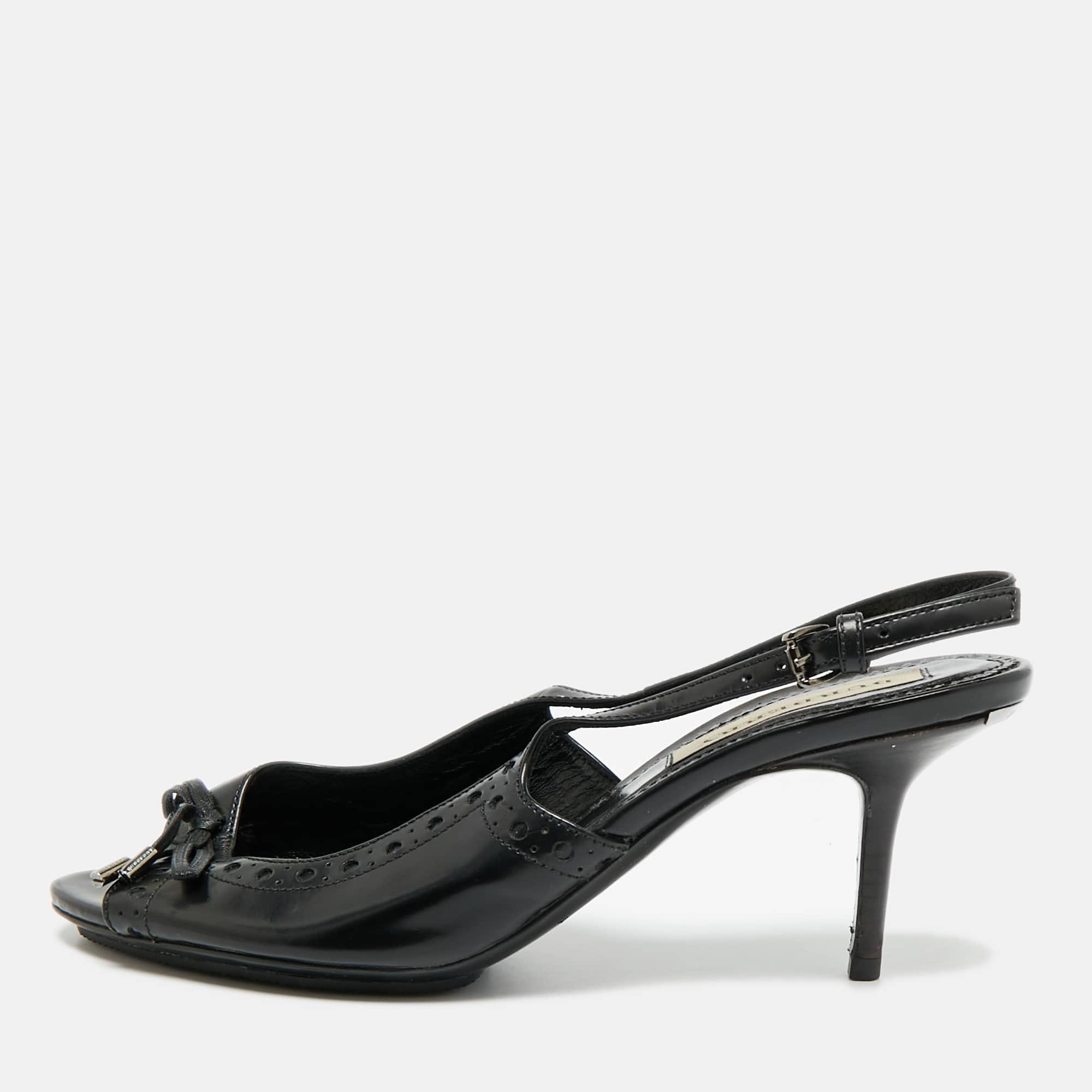 Burberry Black Leather Brogue Bow Open Toe Slingback Sandals