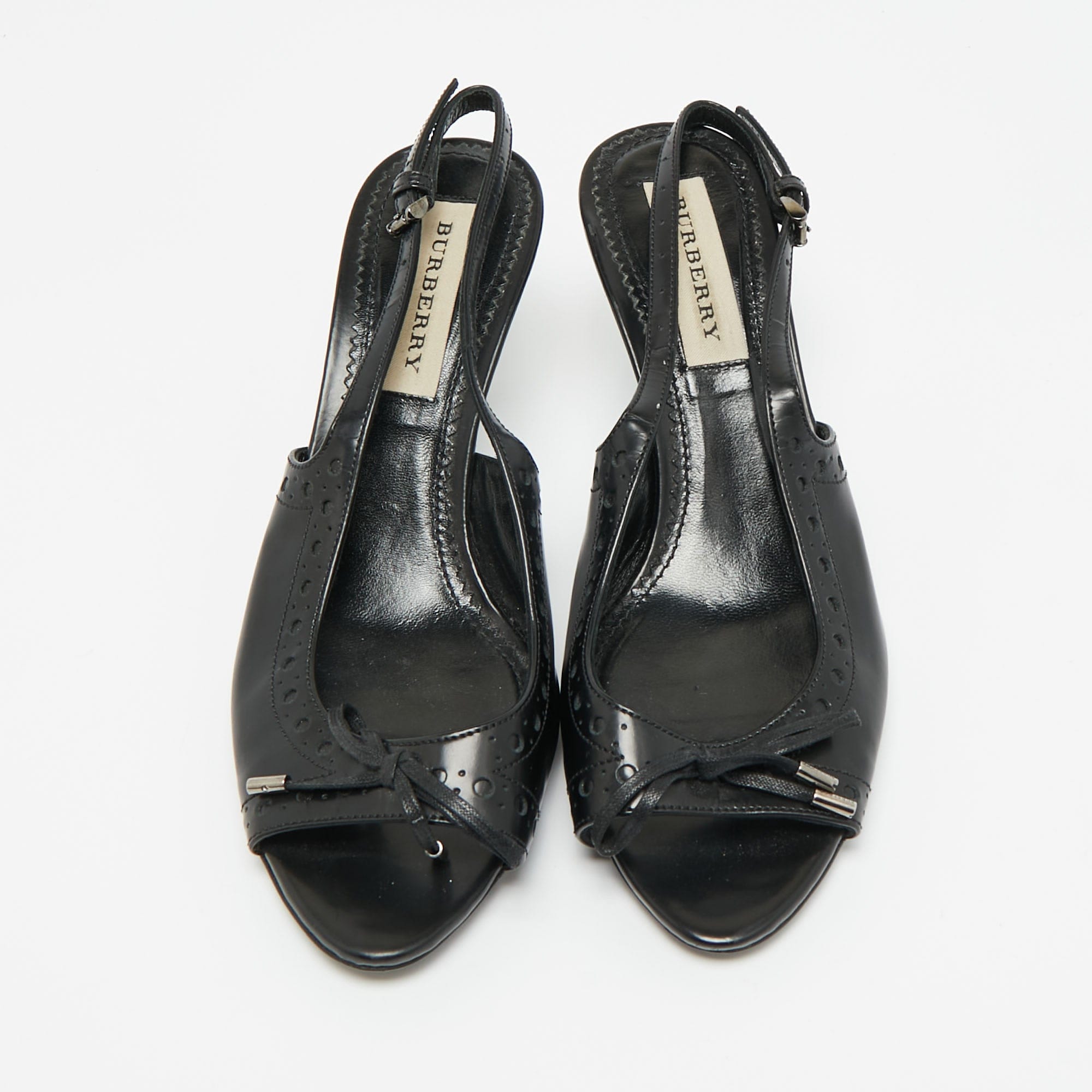Burberry Black Leather Brogue Bow Open Toe Slingback Sandals