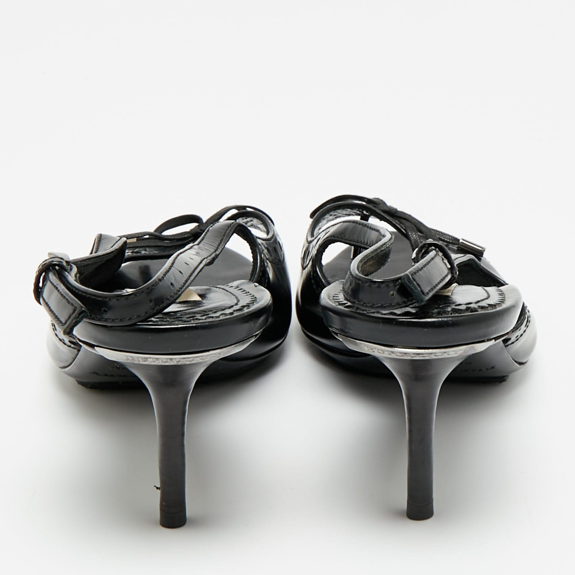 Burberry Black Leather Brogue Bow Open Toe Slingback Sandals
