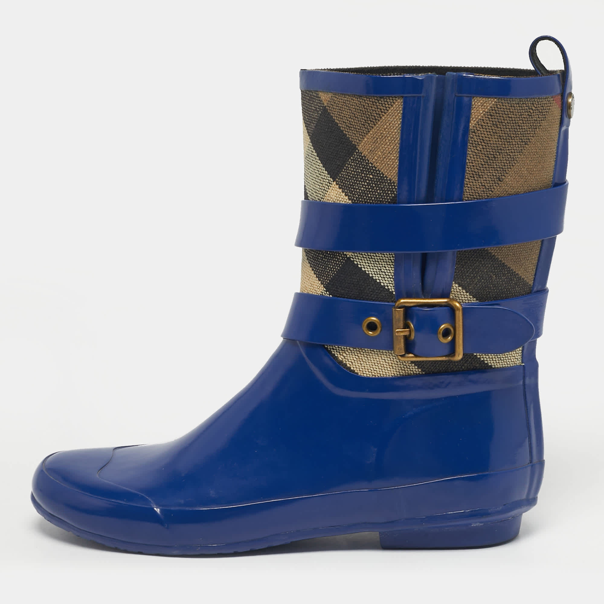 Burberry Beige/blue House Check Canvas And Blue Rubber Rain Boots