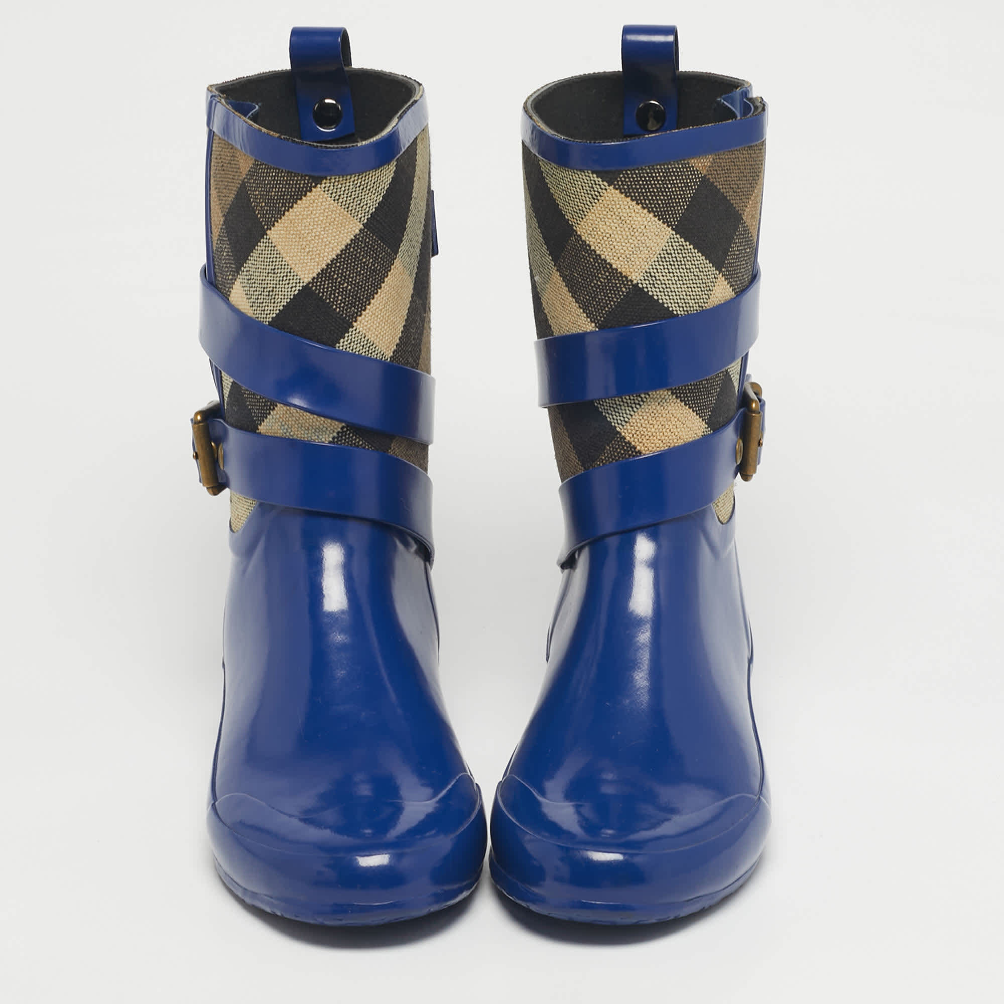 Burberry Beige/blue House Check Canvas And Blue Rubber Rain Boots