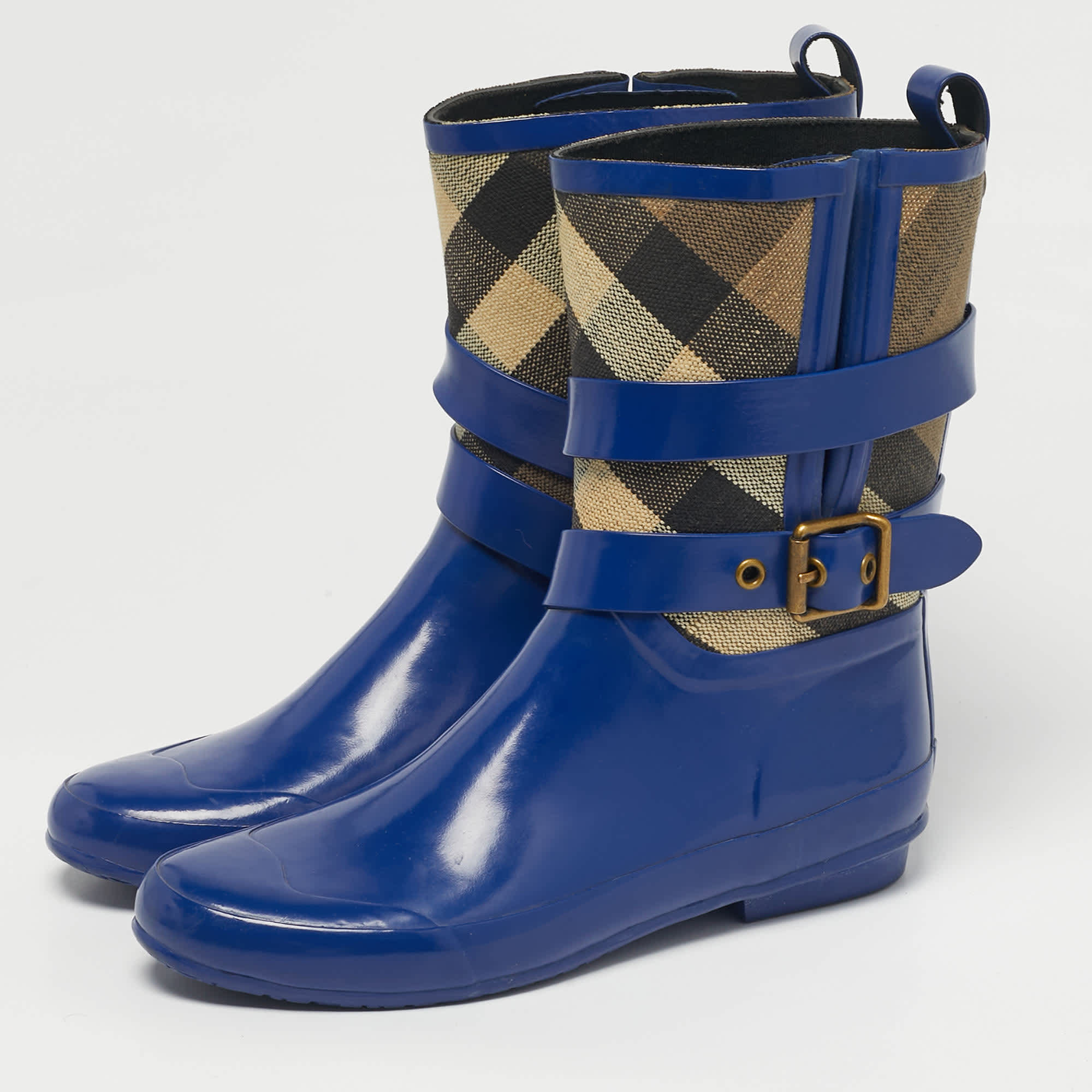 Burberry Beige/blue House Check Canvas And Blue Rubber Rain Boots