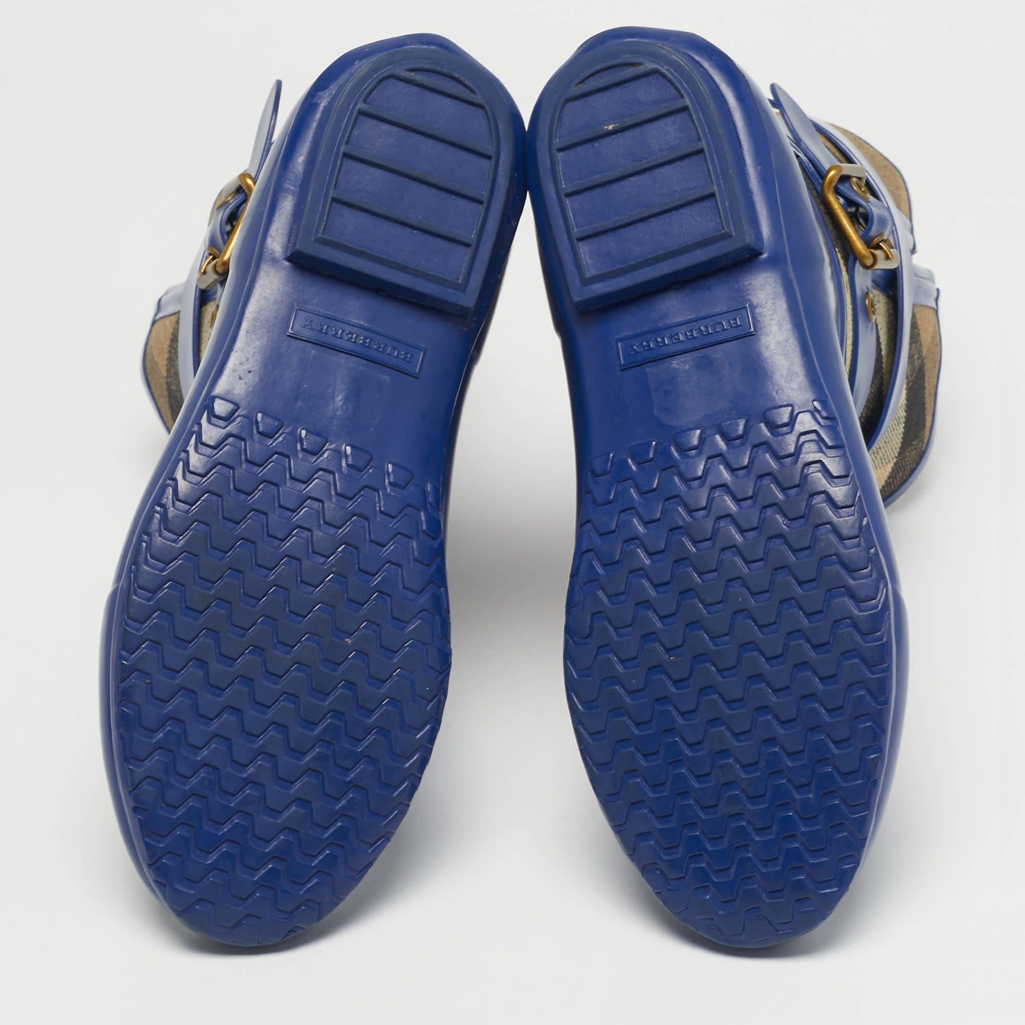 Burberry Beige/blue House Check Canvas And Blue Rubber Rain Boots