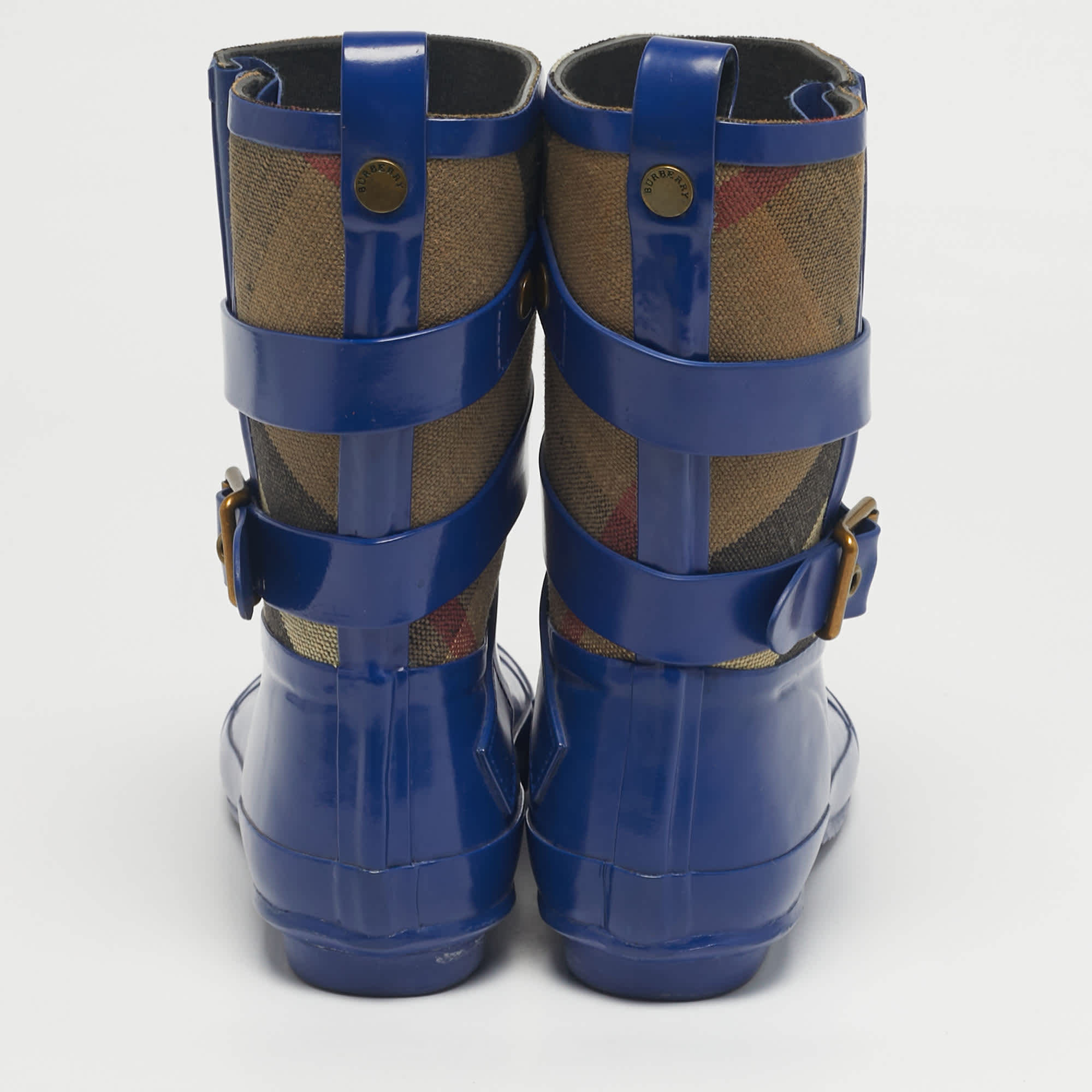 Burberry Beige/blue House Check Canvas And Blue Rubber Rain Boots
