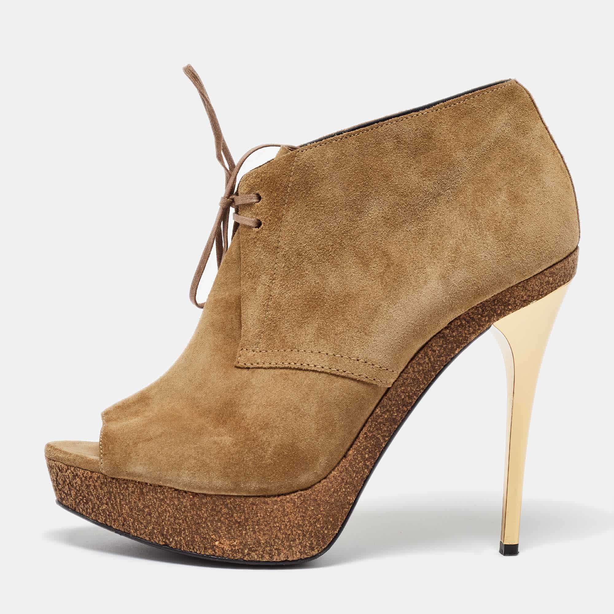 Burberry Brown Suede Peep Toe Cork Platform Booties