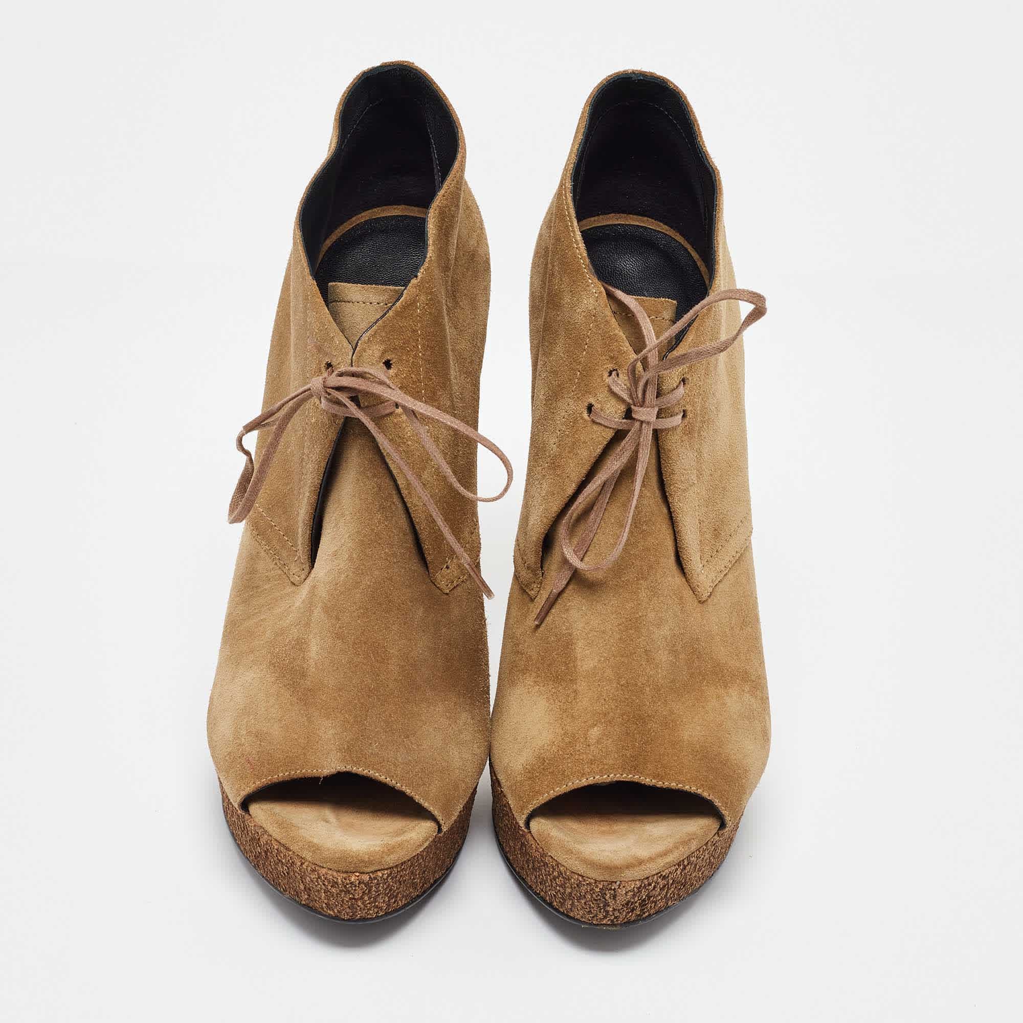 Burberry Brown Suede Peep Toe Cork Platform Booties