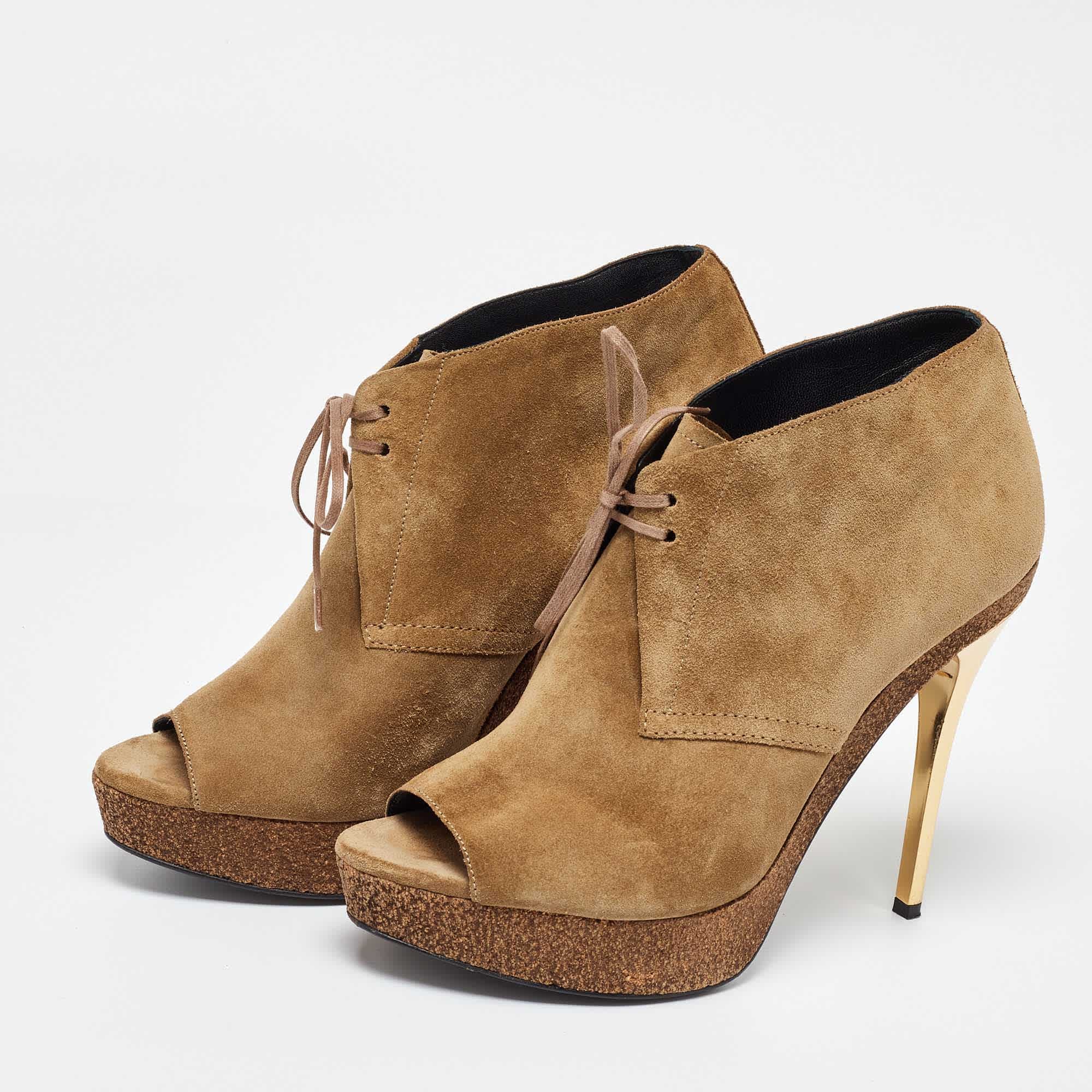 Burberry Brown Suede Peep Toe Cork Platform Booties