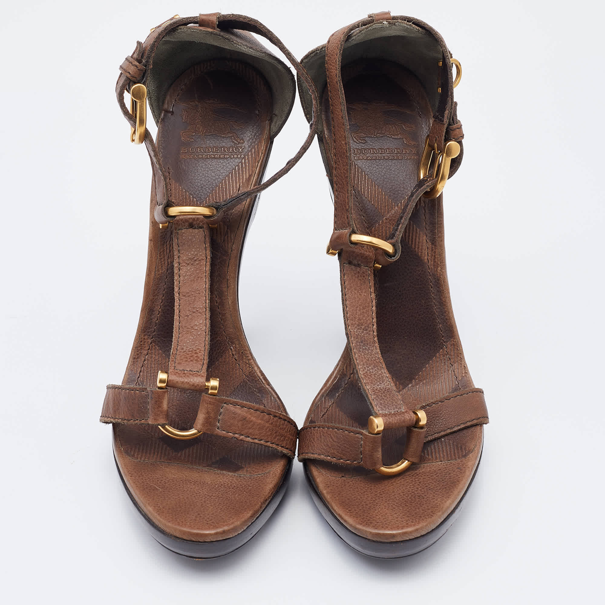 Burberry Brown Leather Ankle Strap Platform Sandals