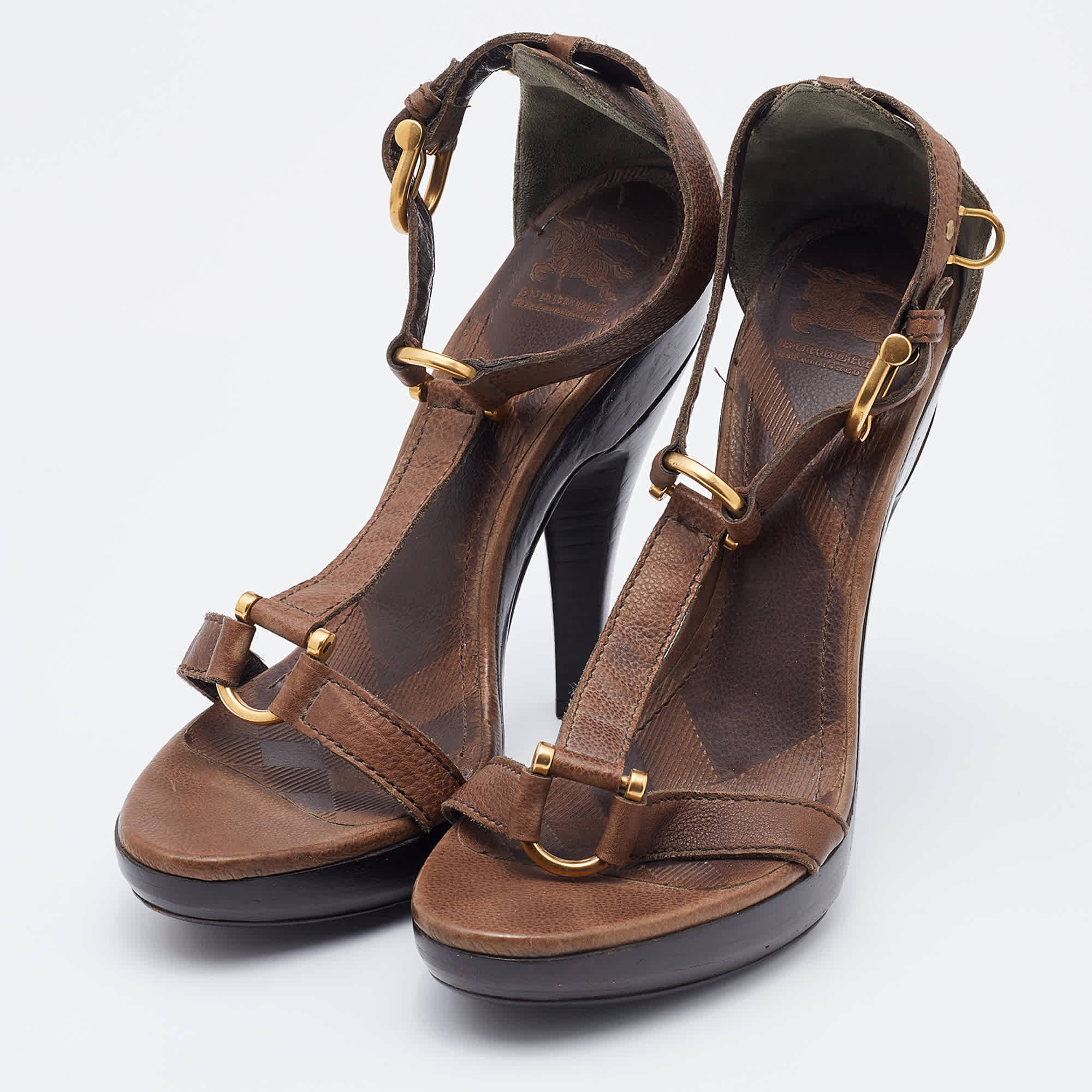 Burberry Brown Leather Ankle Strap Platform Sandals