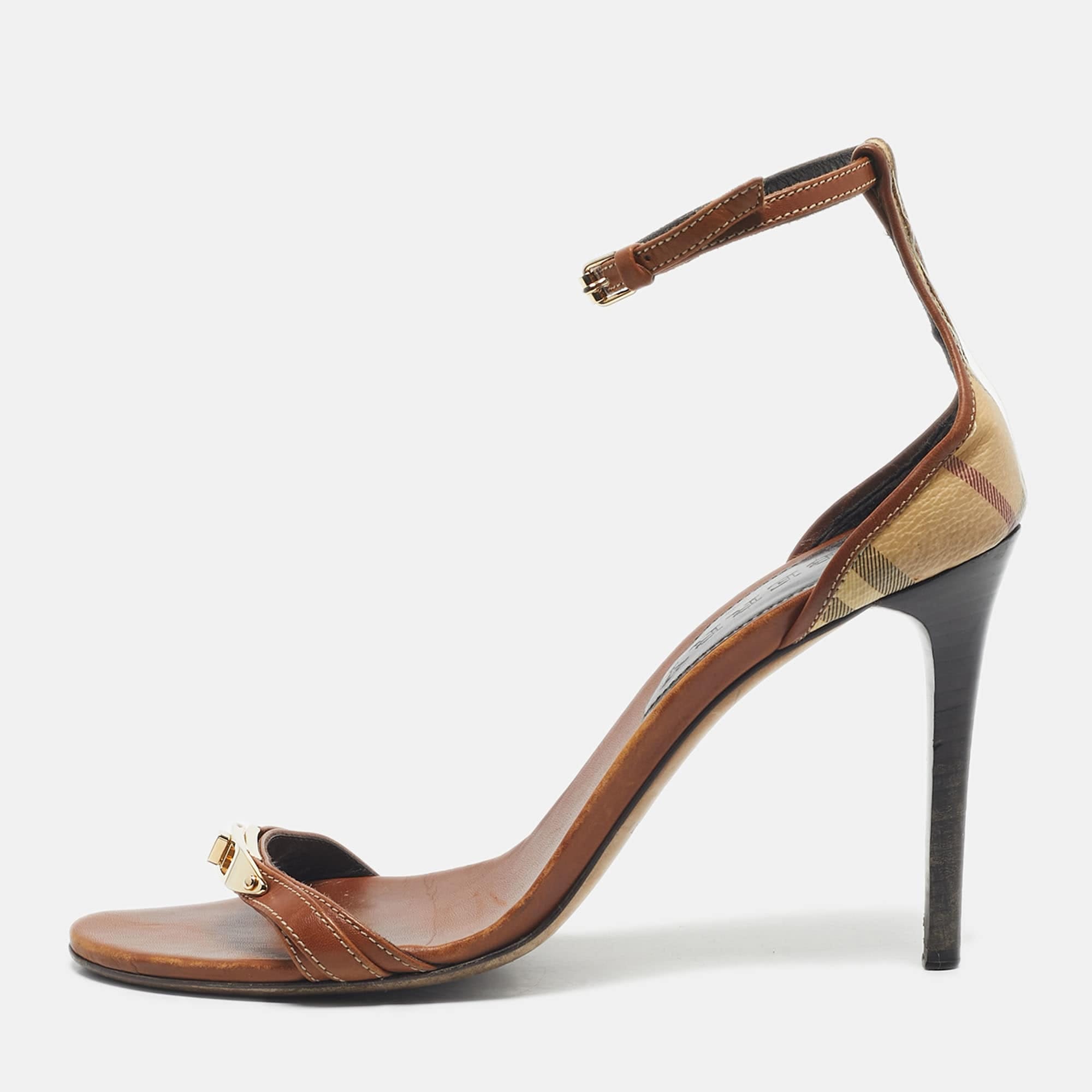Burberry Brown/beige House Check Canvas And Leather Ankle Strap Sandals