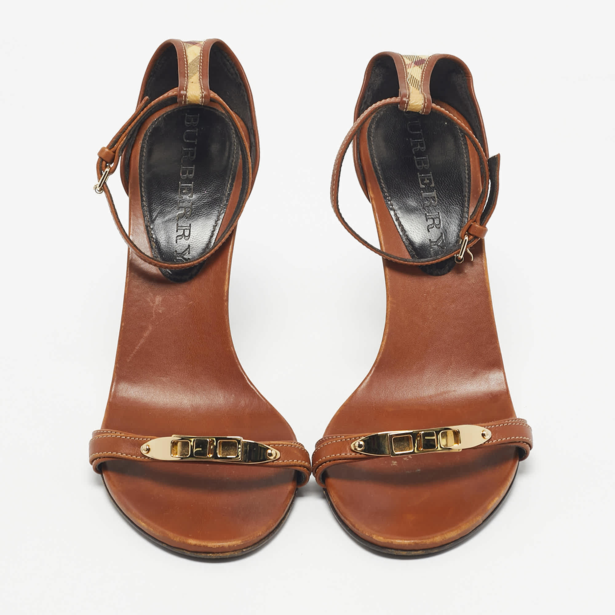 Burberry Brown/beige House Check Canvas And Leather Ankle Strap Sandals