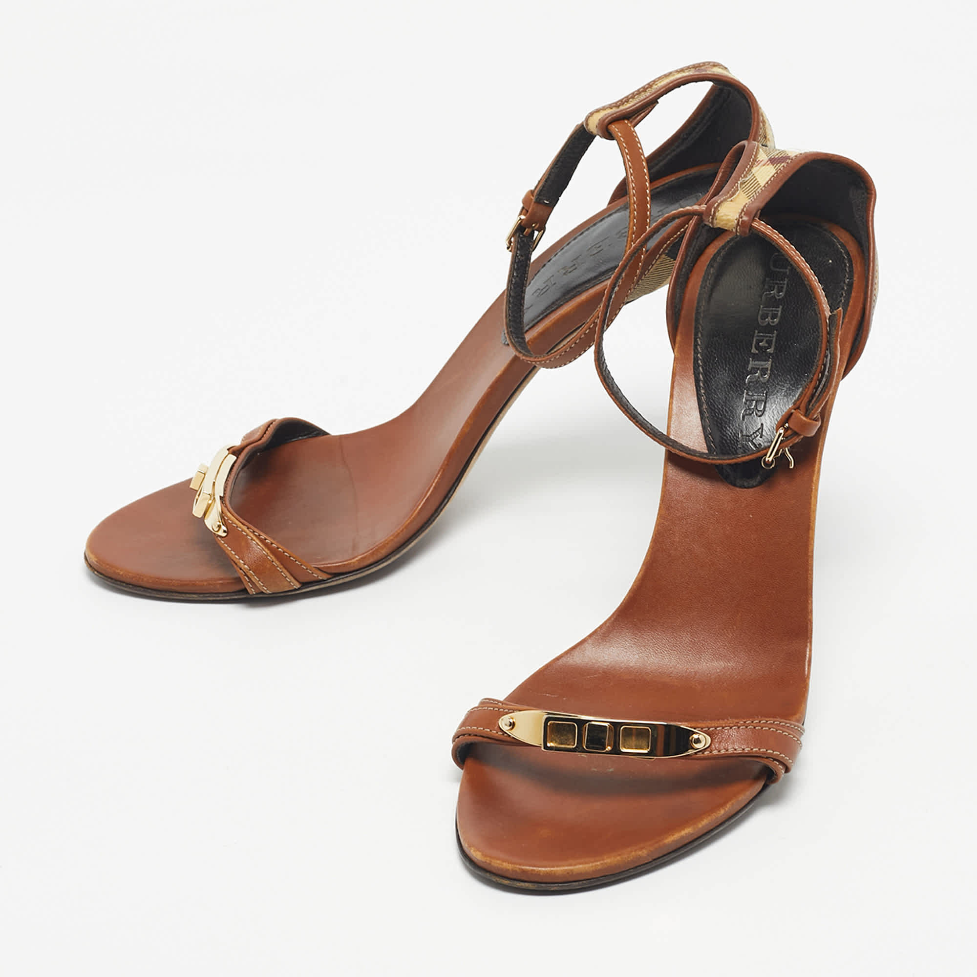 Burberry Brown/beige House Check Canvas And Leather Ankle Strap Sandals