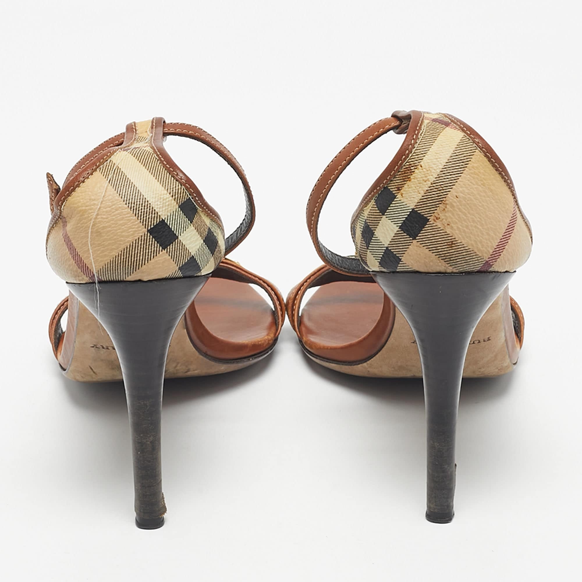 Burberry Brown/beige House Check Canvas And Leather Ankle Strap Sandals