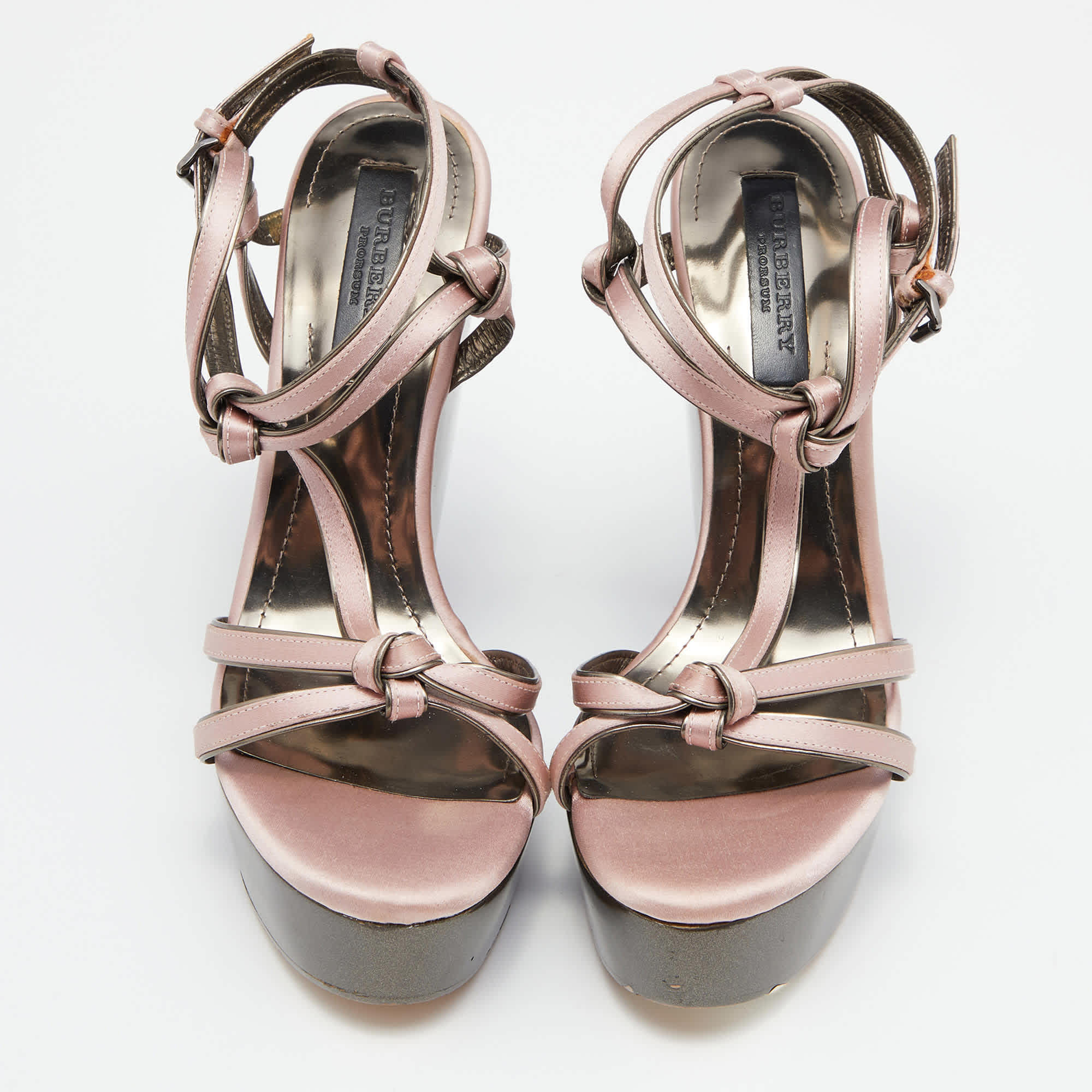 Burberry Pink Satin Ankle Wrap Wedge Sandals
