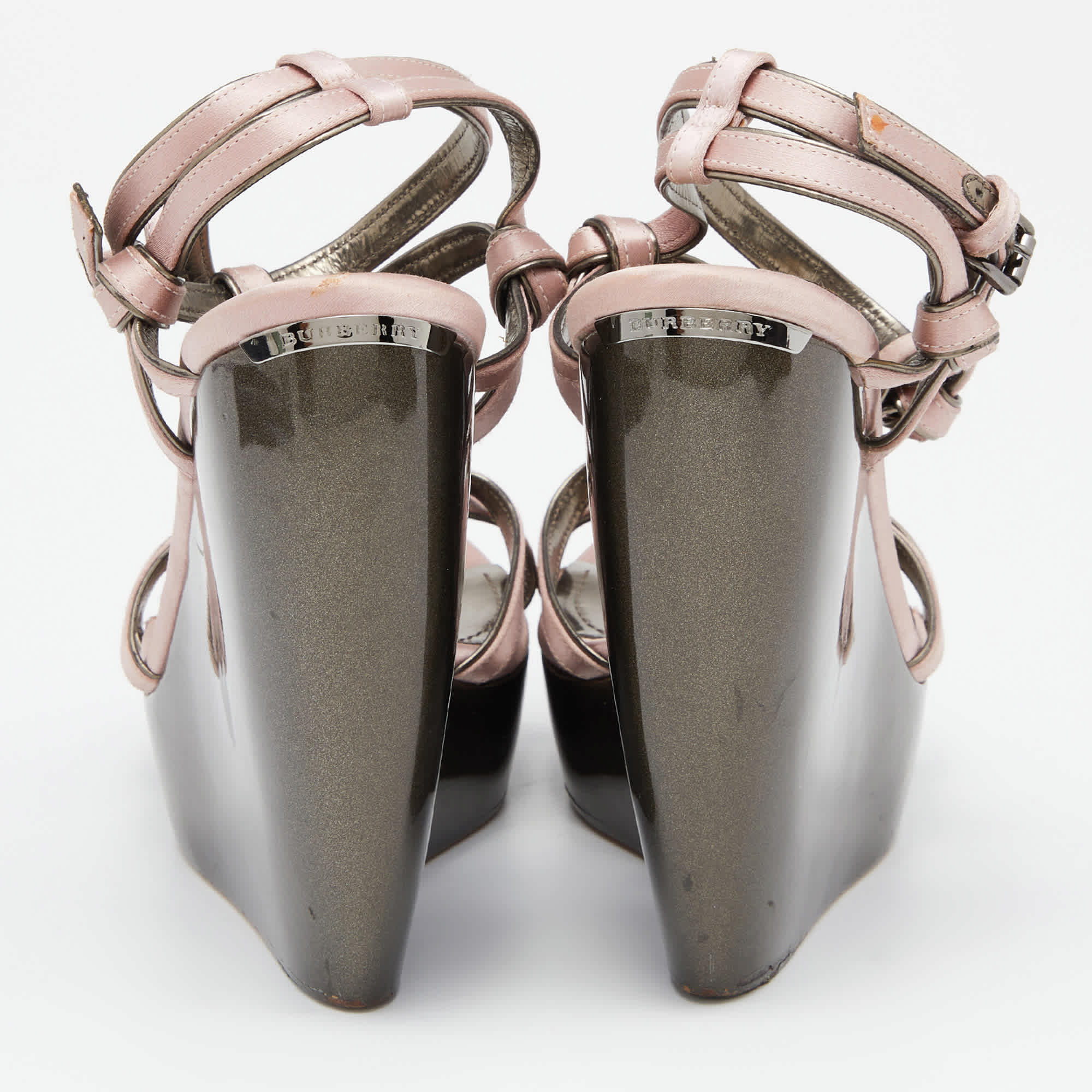 Burberry Pink Satin Ankle Wrap Wedge Sandals