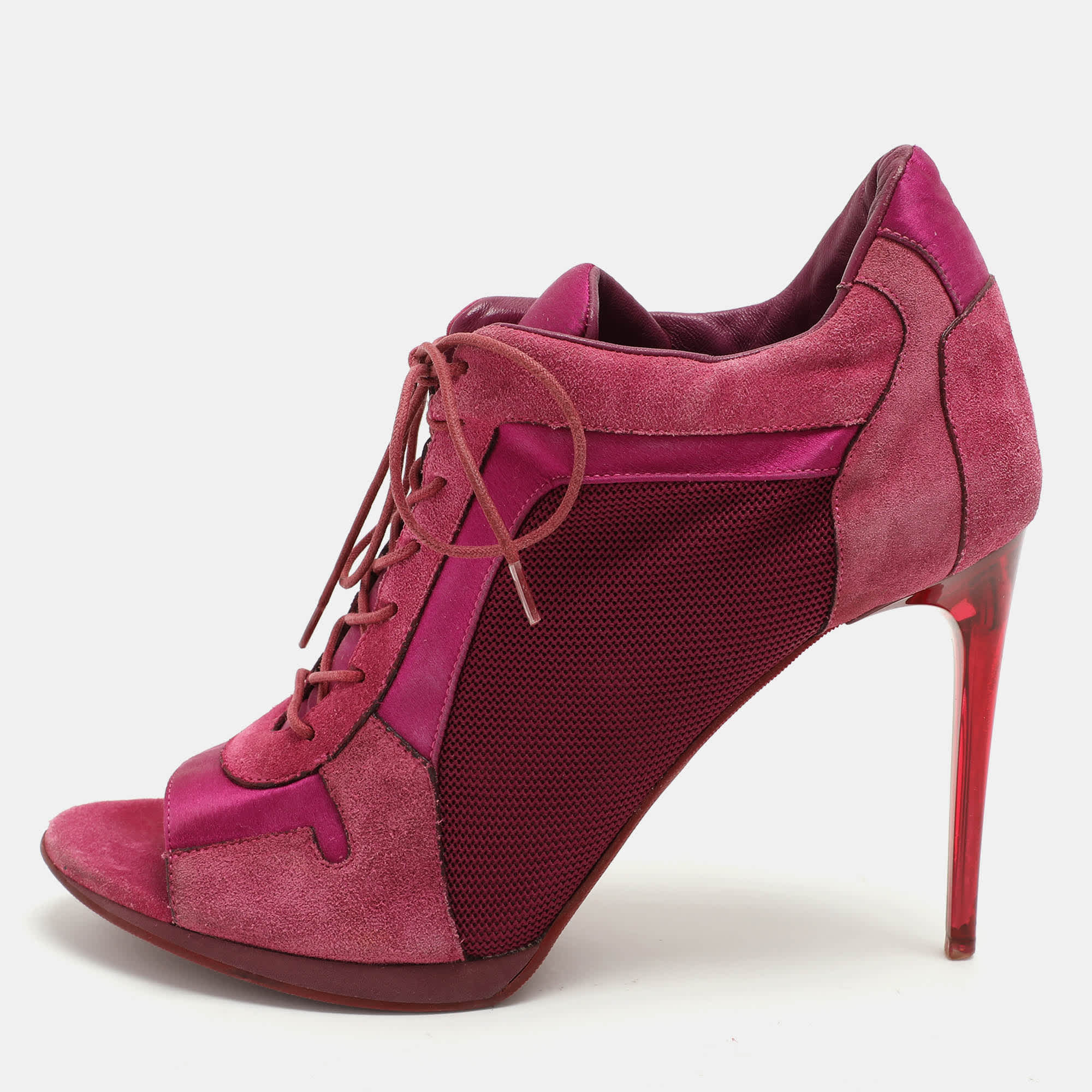 Burberry Pink Mesh And Satin Peep Toe Lace Up Booties