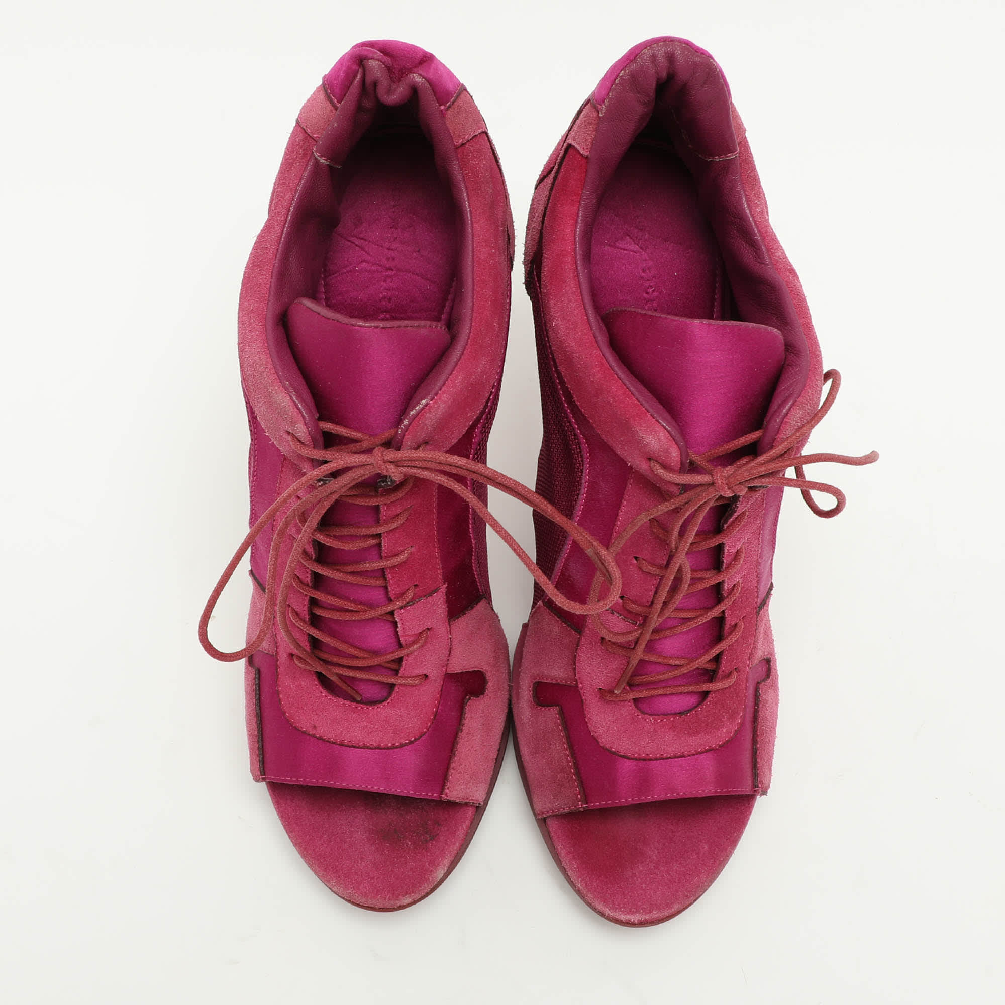 Burberry Pink Mesh And Satin Peep Toe Lace Up Booties