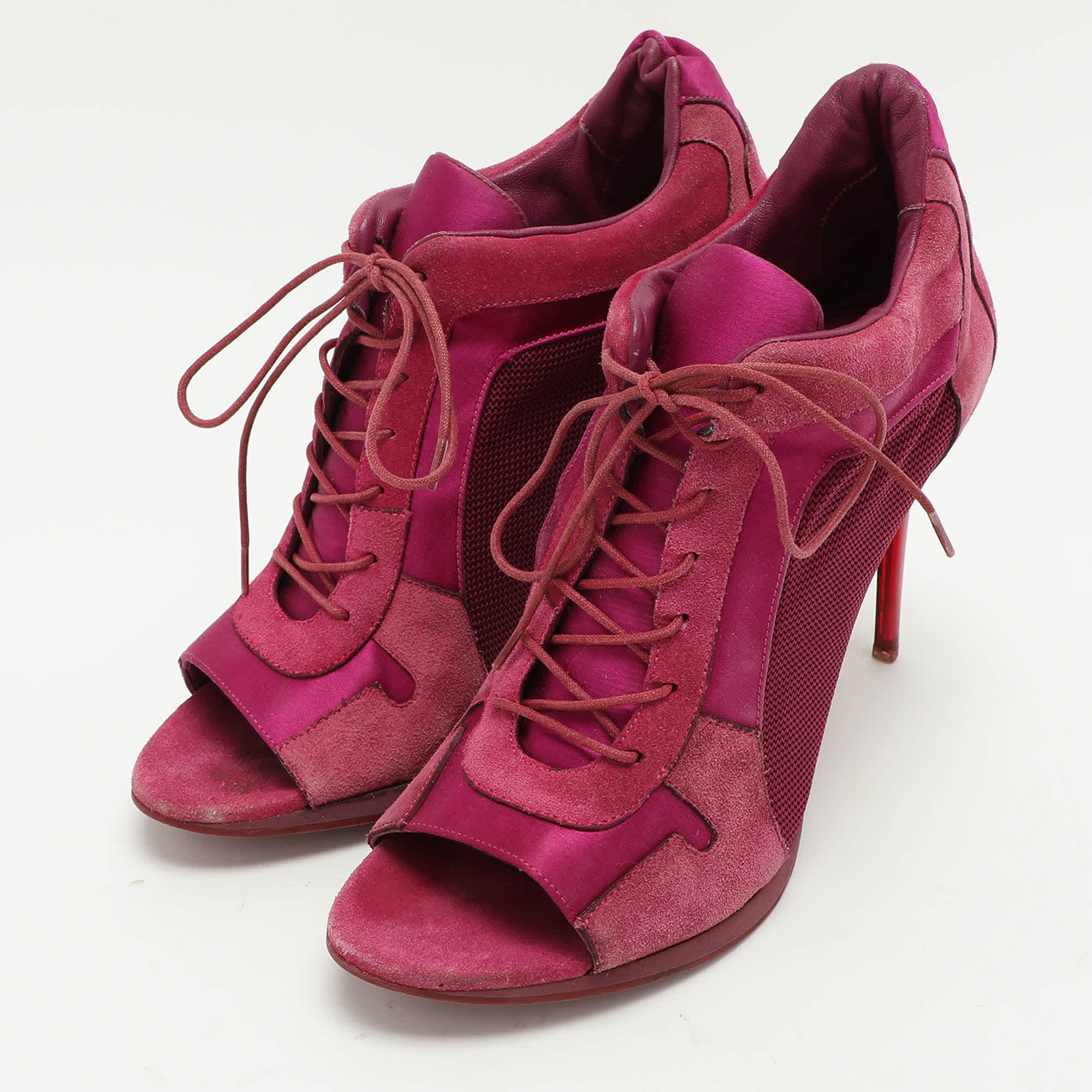 Burberry Pink Mesh And Satin Peep Toe Lace Up Booties