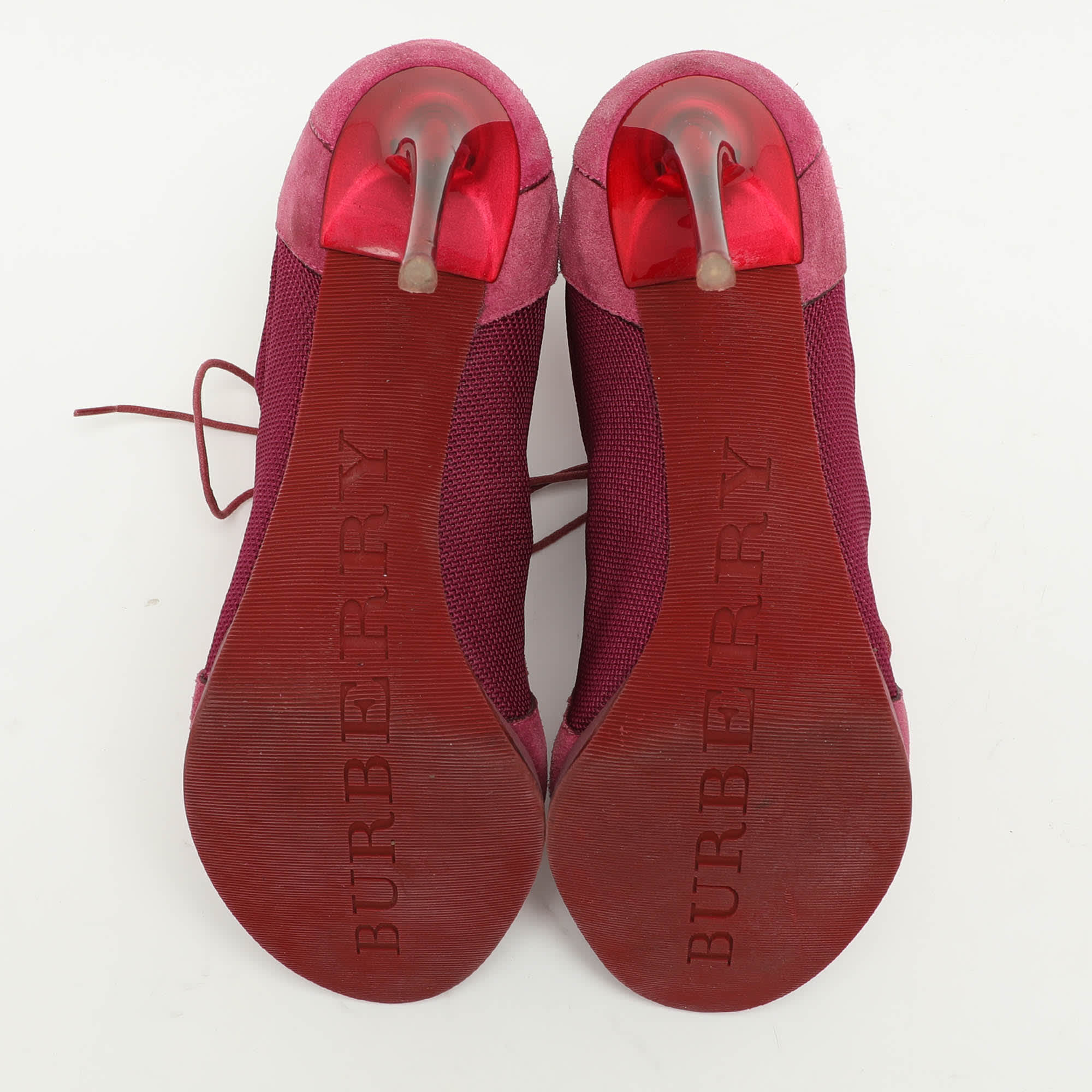 Burberry Pink Mesh And Satin Peep Toe Lace Up Booties