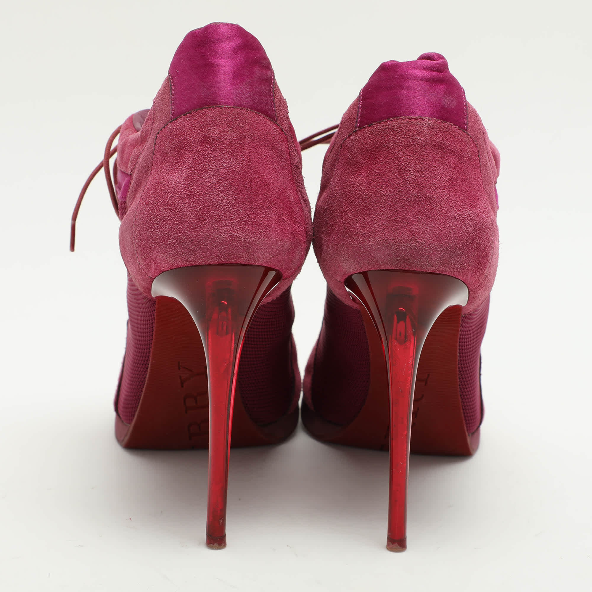Burberry Pink Mesh And Satin Peep Toe Lace Up Booties