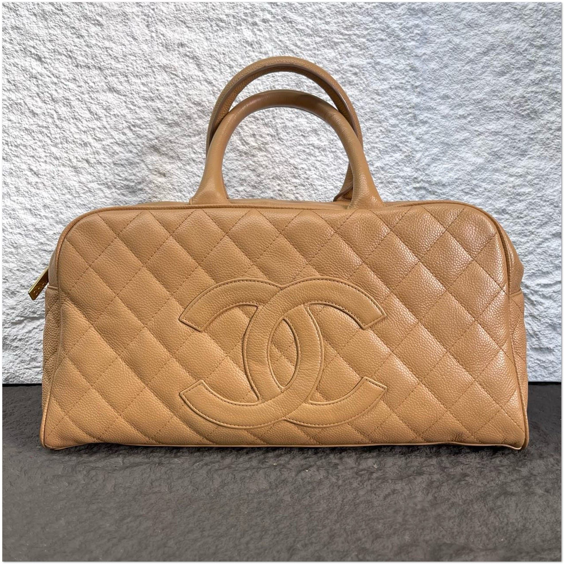 Chanel Beige Caviar Leather Quilted CC Boston Bowling Bag C19499969053
