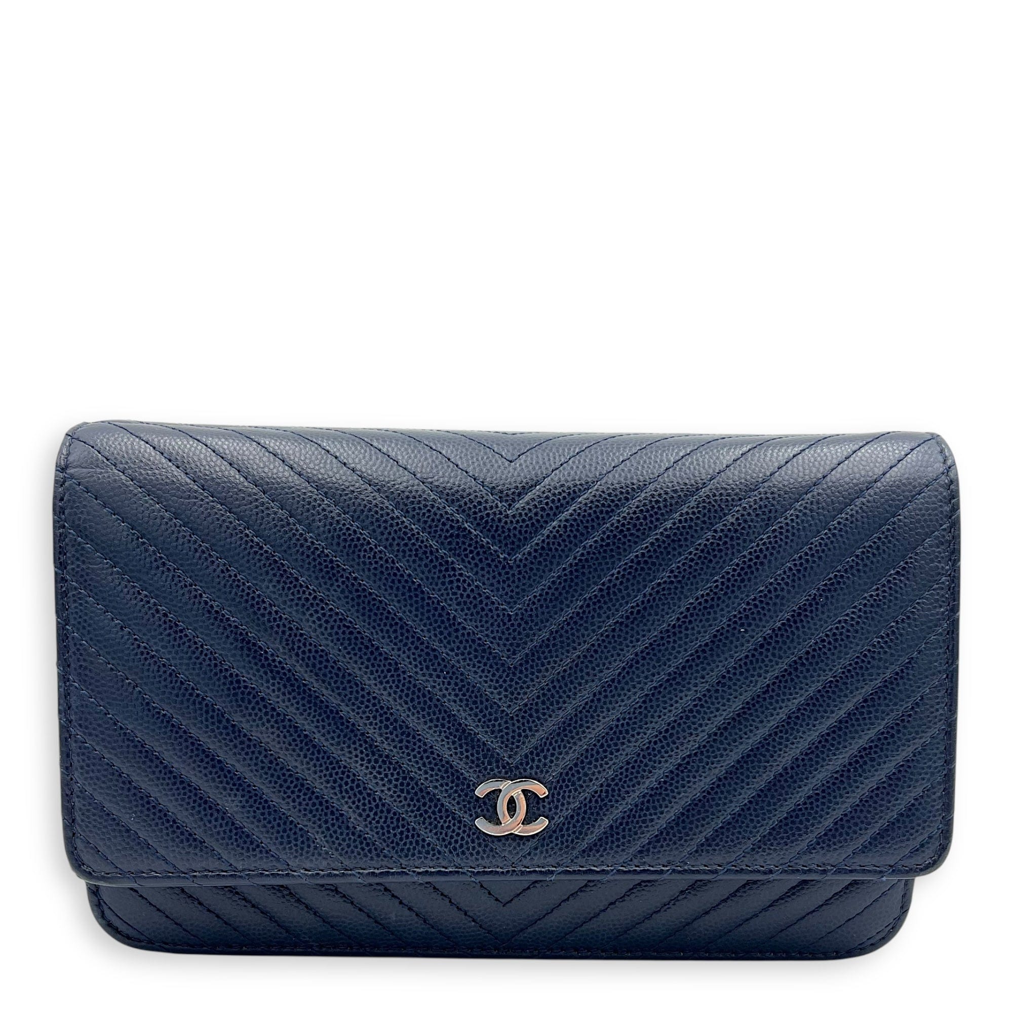 Chanel Chevron Wallet On Chain Blue in Caviar Leather, Silver hardware S2510 - 008212VZ