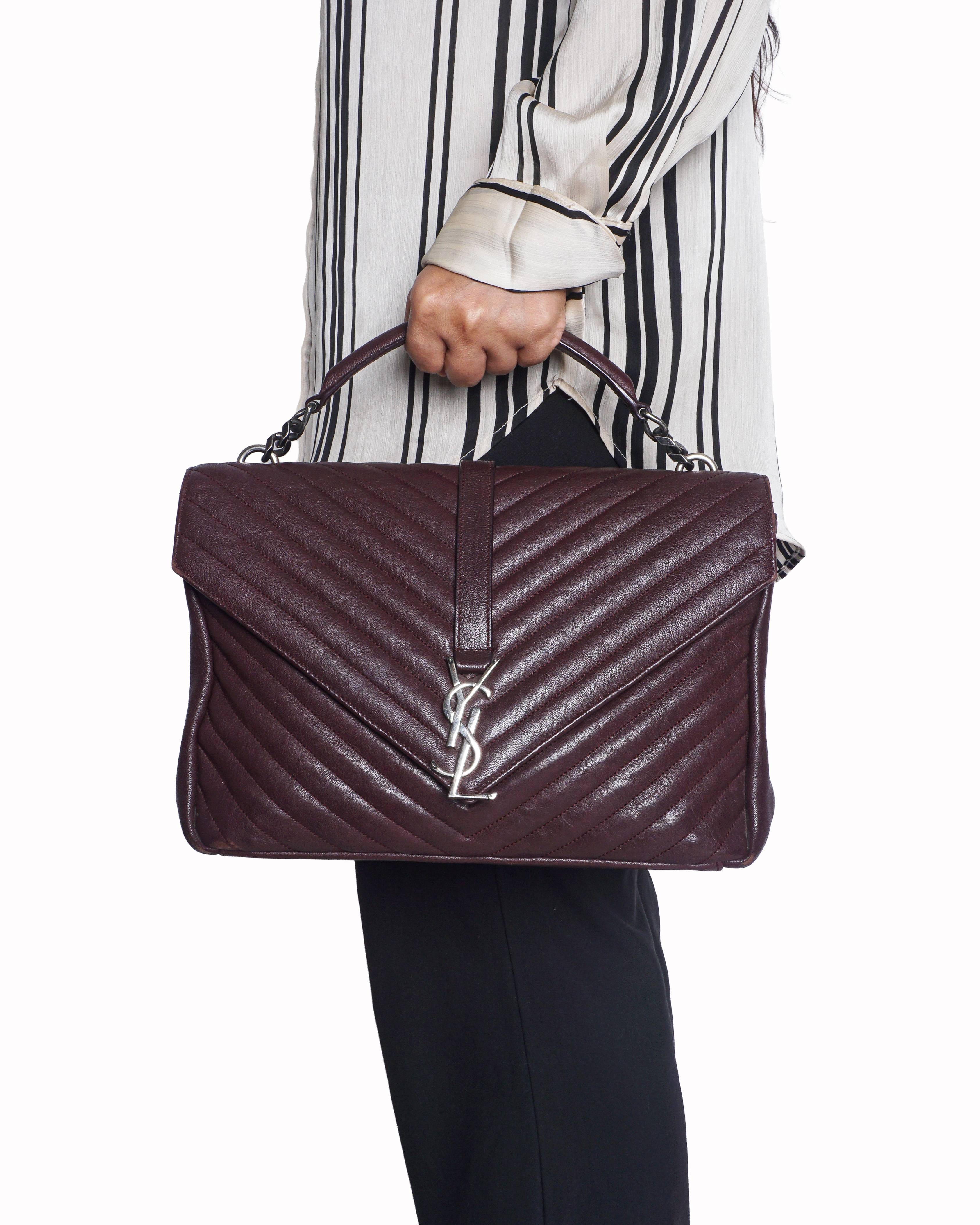 Saint Laurent Yves Saint Laurent Burgundy Chevron Quilted Leather Monogram Medium Bag