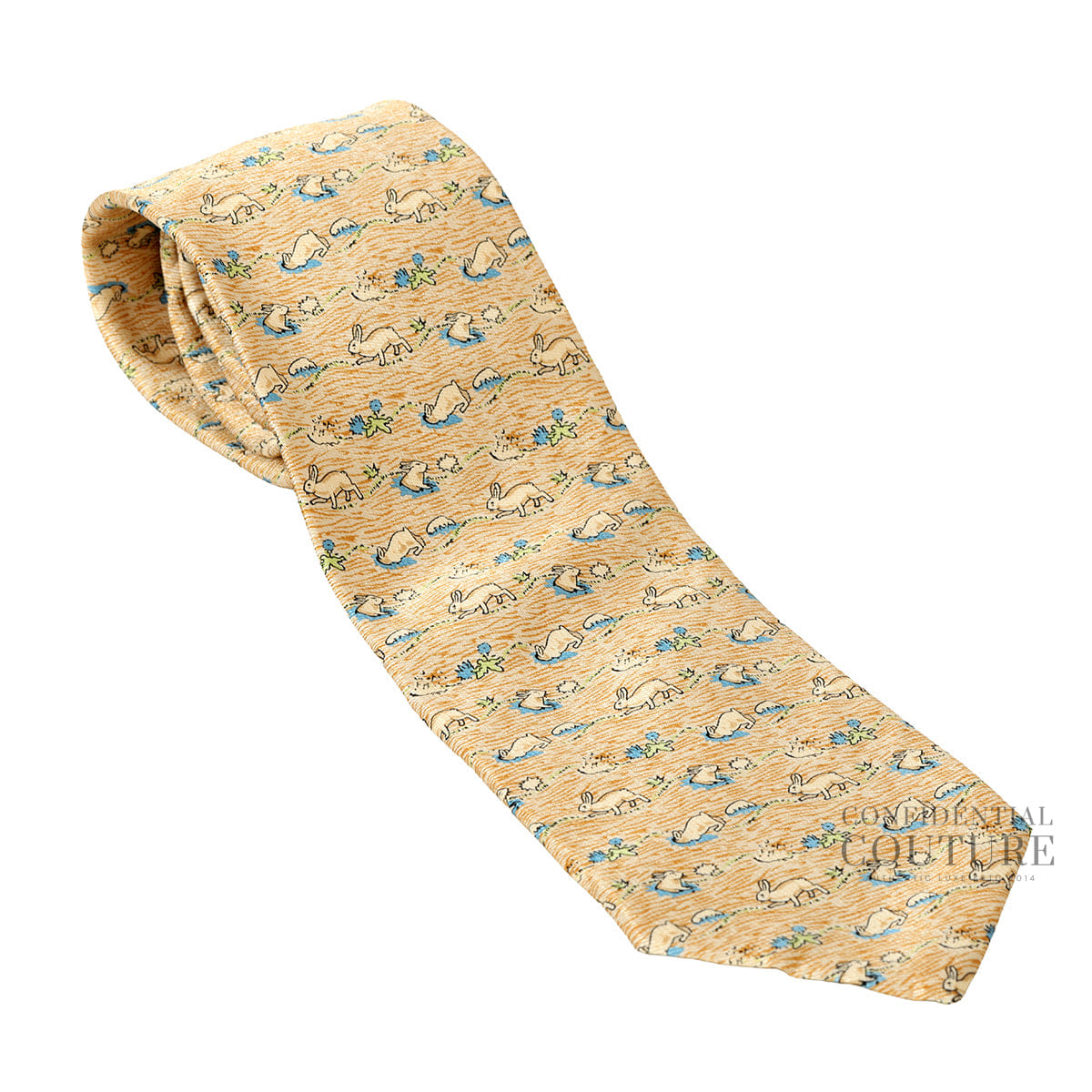 Hermes Beige/Blue Rabbit Figure Libre 100% Silk Neck Tie
