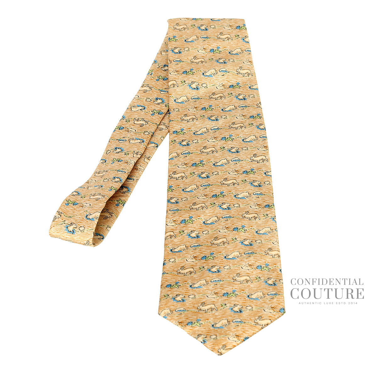 Hermes Beige/Blue Rabbit Figure Libre 100% Silk Neck Tie