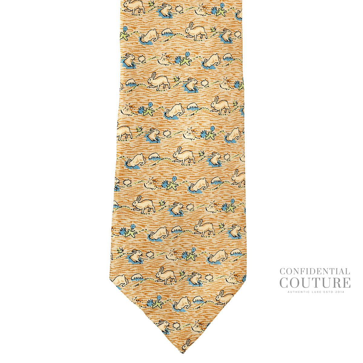 Hermes Beige/Blue Rabbit Figure Libre 100% Silk Neck Tie