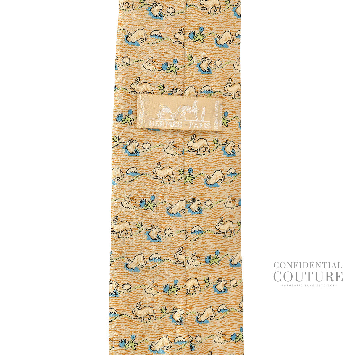 Hermes Beige/Blue Rabbit Figure Libre 100% Silk Neck Tie