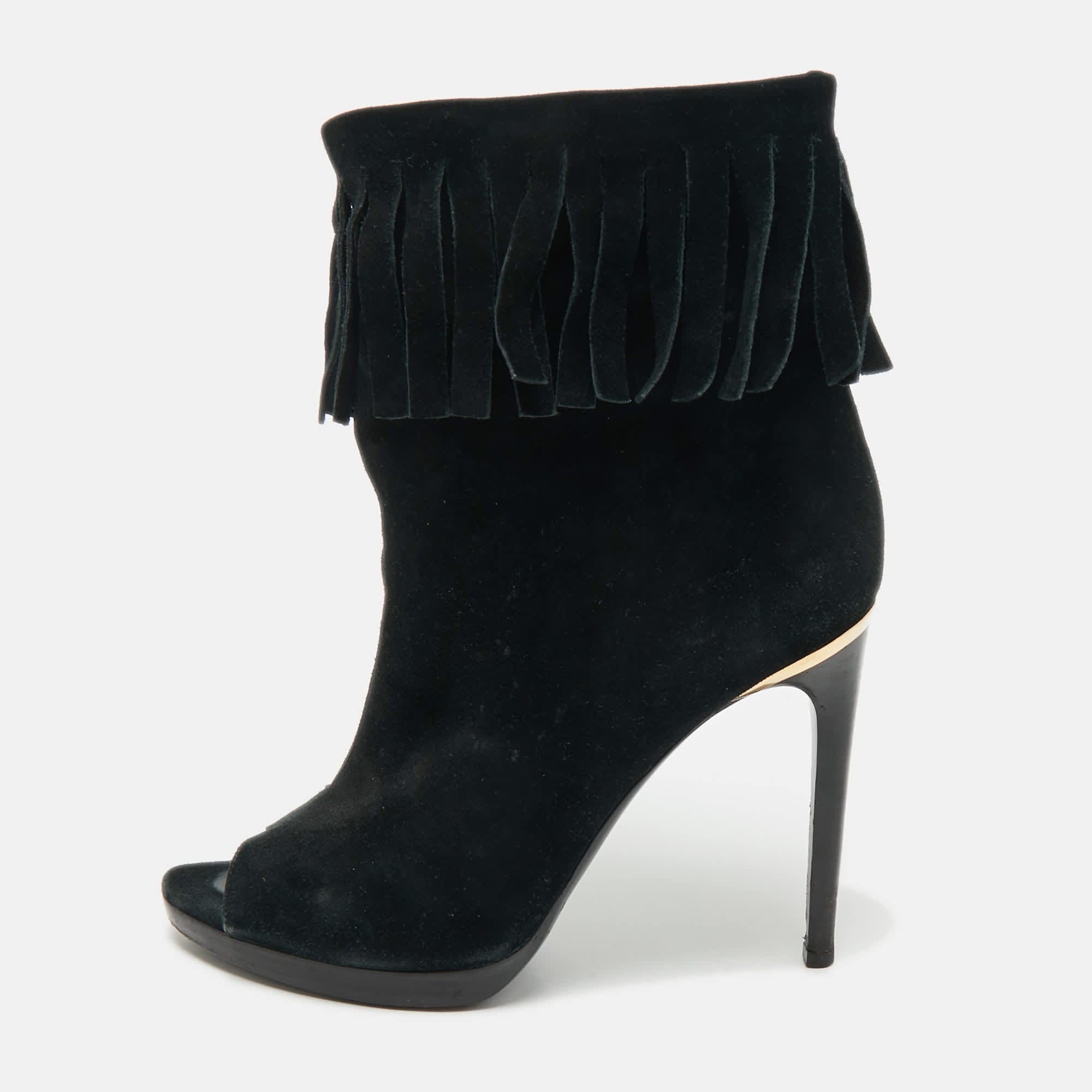 Burberry Black Suede Fringe Ankle Length Boots