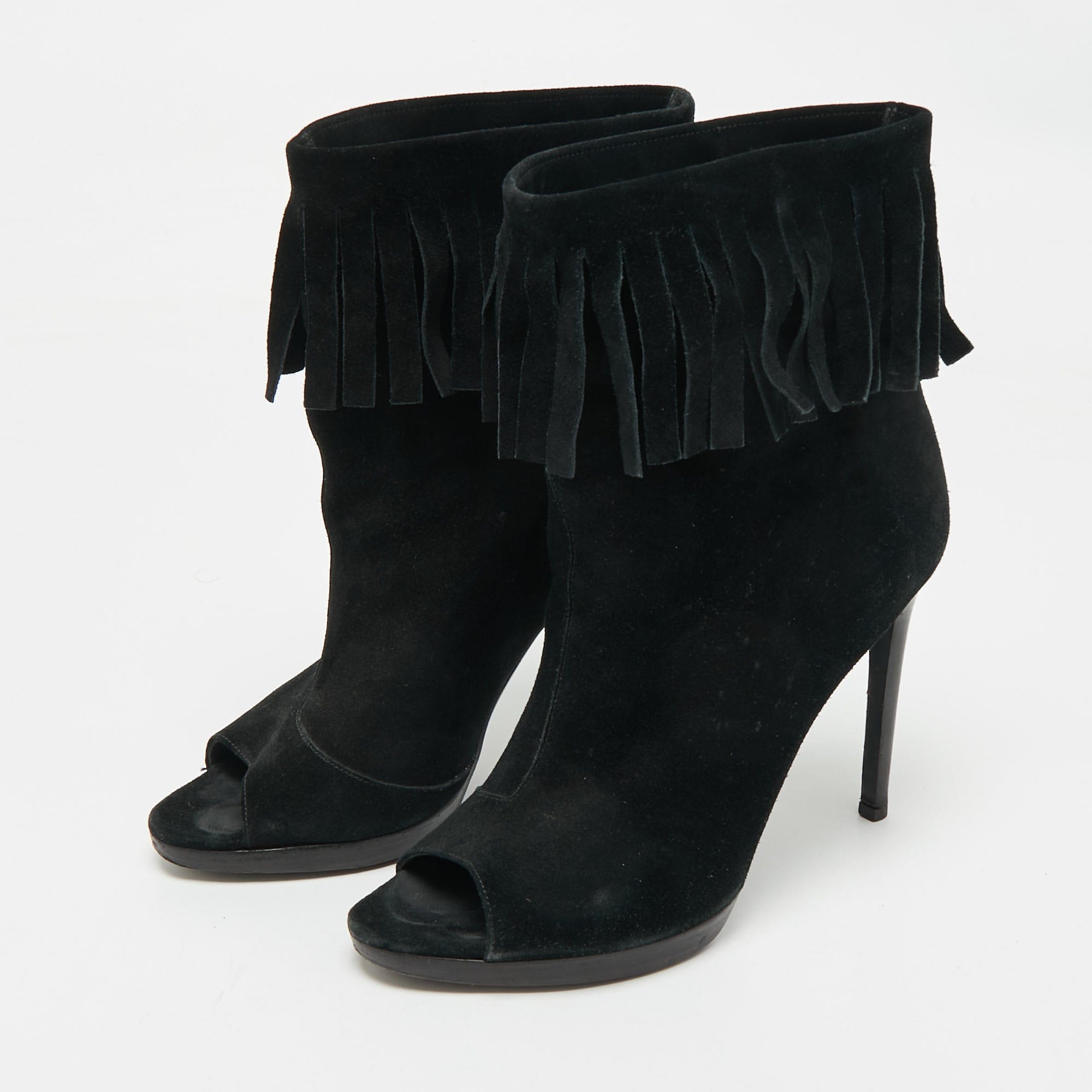 Burberry Black Suede Fringe Ankle Length Boots