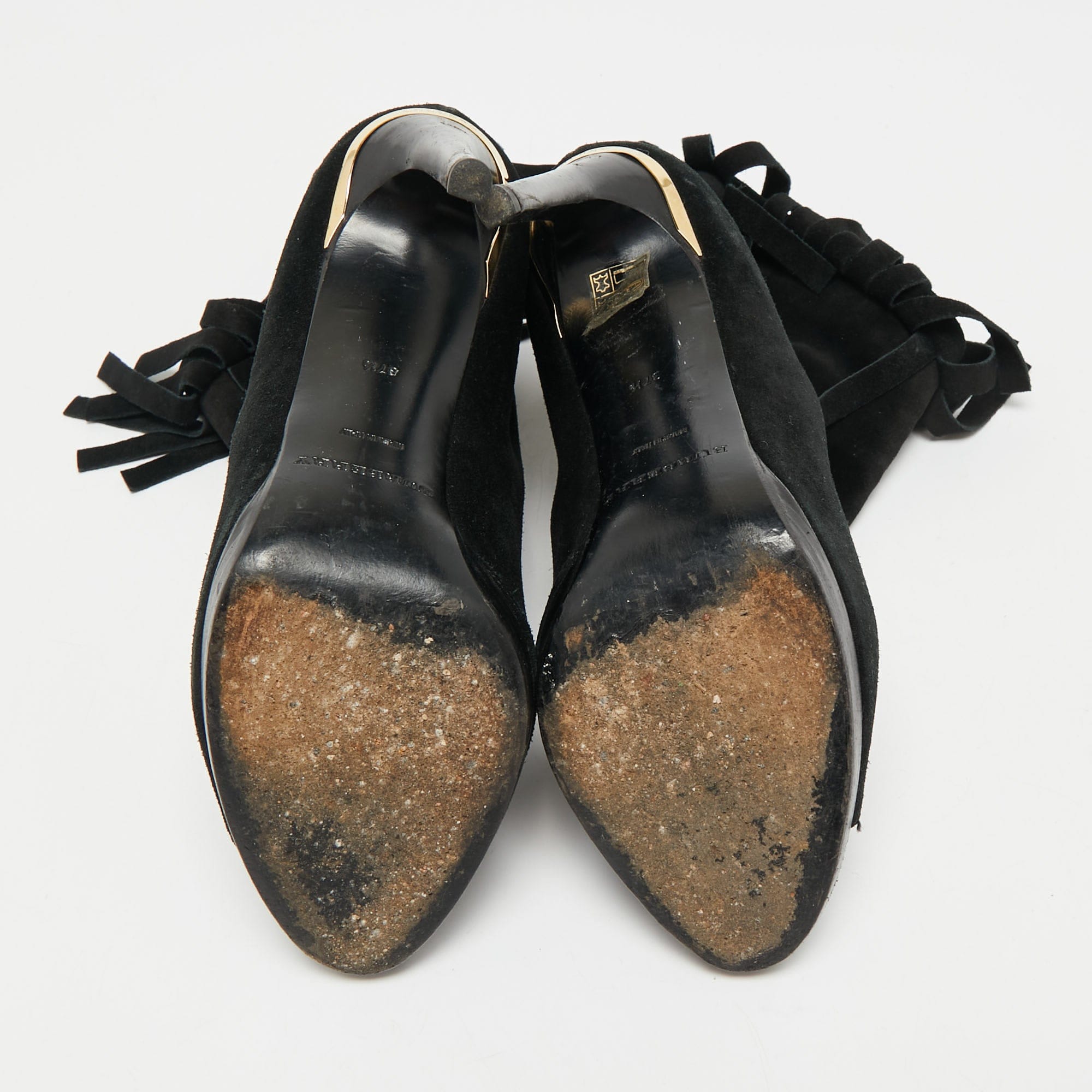 Burberry Black Suede Fringe Ankle Length Boots