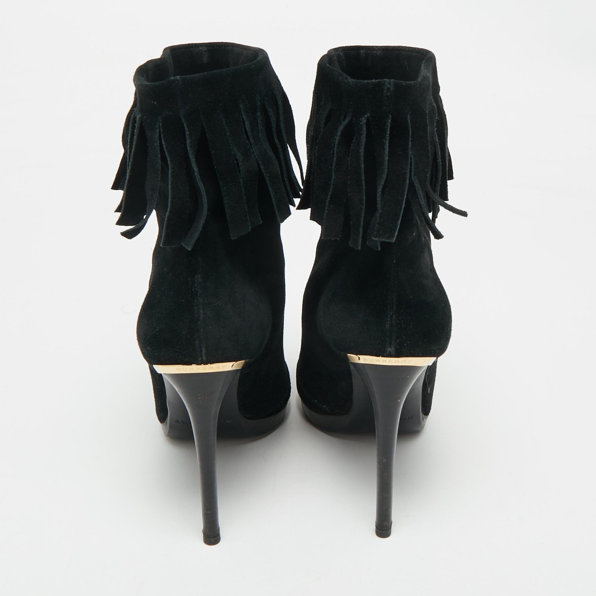Burberry Black Suede Fringe Ankle Length Boots