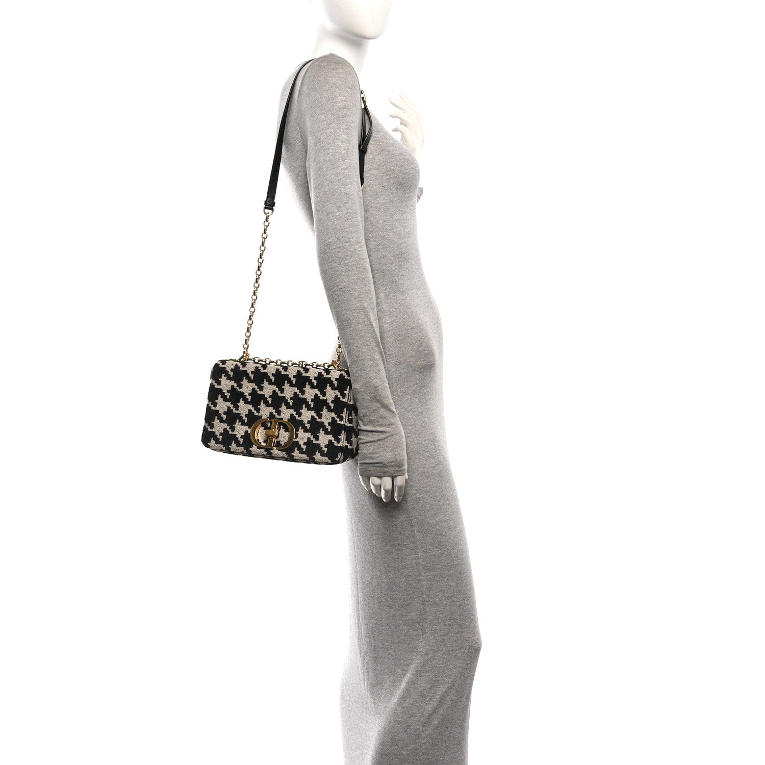 Christian Dior Technical Canvas Macro Houndstooth Medium Caro Bag Black White