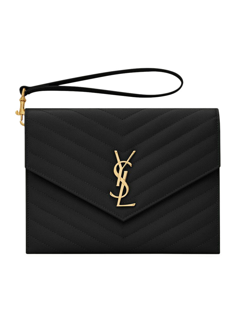 Saint Laurent Women Cassandre Quilted Flap Pouch In Embossed Powder Grain Leather Quilted