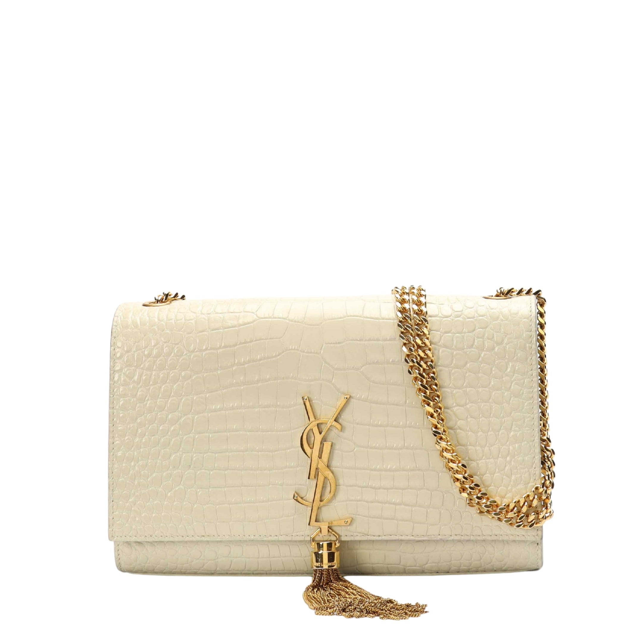 Saint Laurent Off White Croc Tassel Shoulder Bag