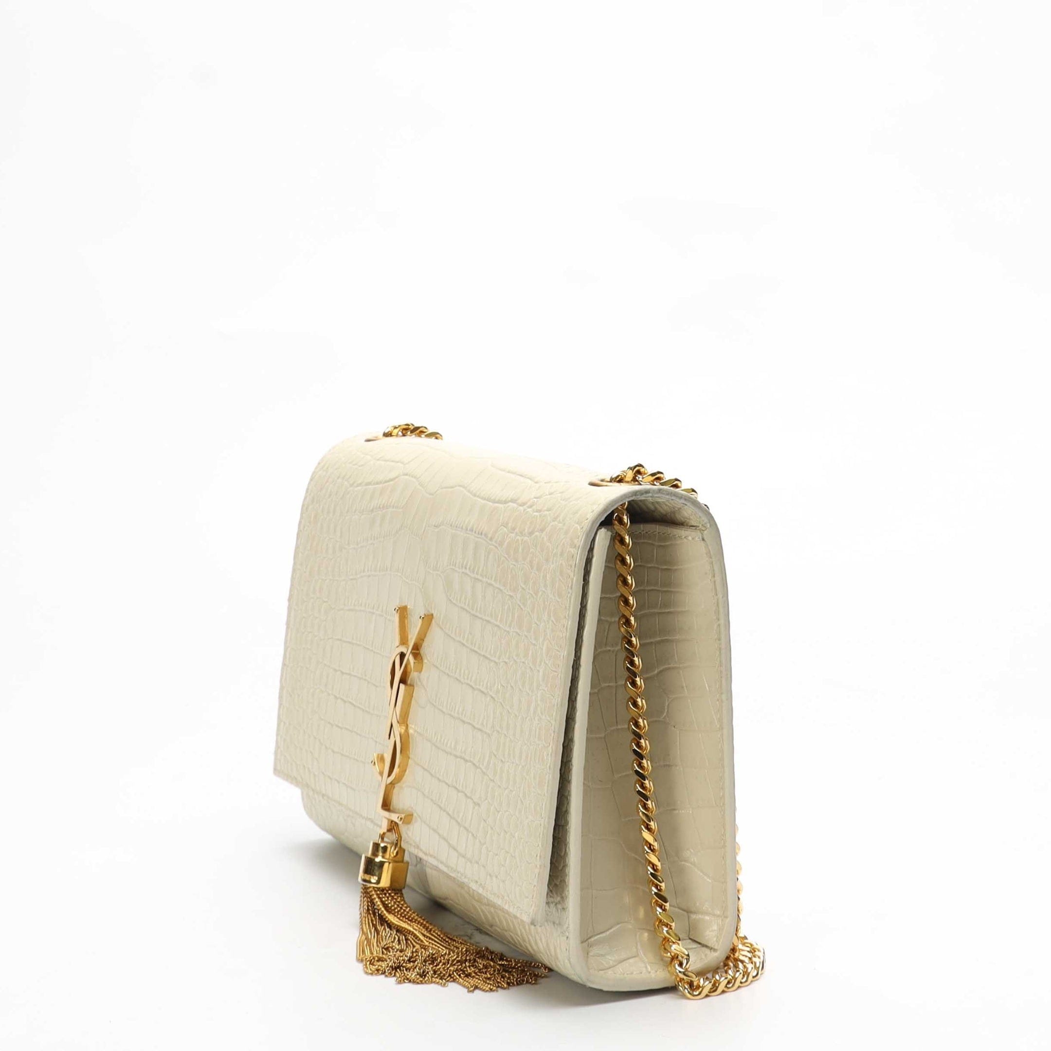 Saint Laurent Off White Croc Tassel Shoulder Bag